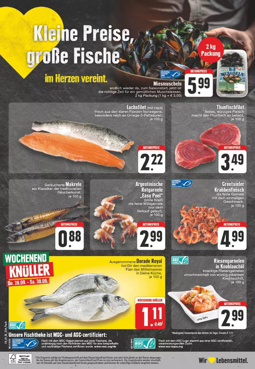 Aktueller Prospekt Edeka - Angebote der Woche - von 25.09 bis 30.09.2023 - strona 24 - produkty: aktionspreis, angebot, angebotspreis, aqua, bett, deutschlandcard, eis, elle, ente, erde, fisch, fische, Fischer, fleisch, garnelen, knoblauch, lebensmittel, LG, mac, Makrele, Muscheln, omega, Omega-3, reis, rel, riesengarnelen, rwe, salat, salate, Schere, shirt, Ti