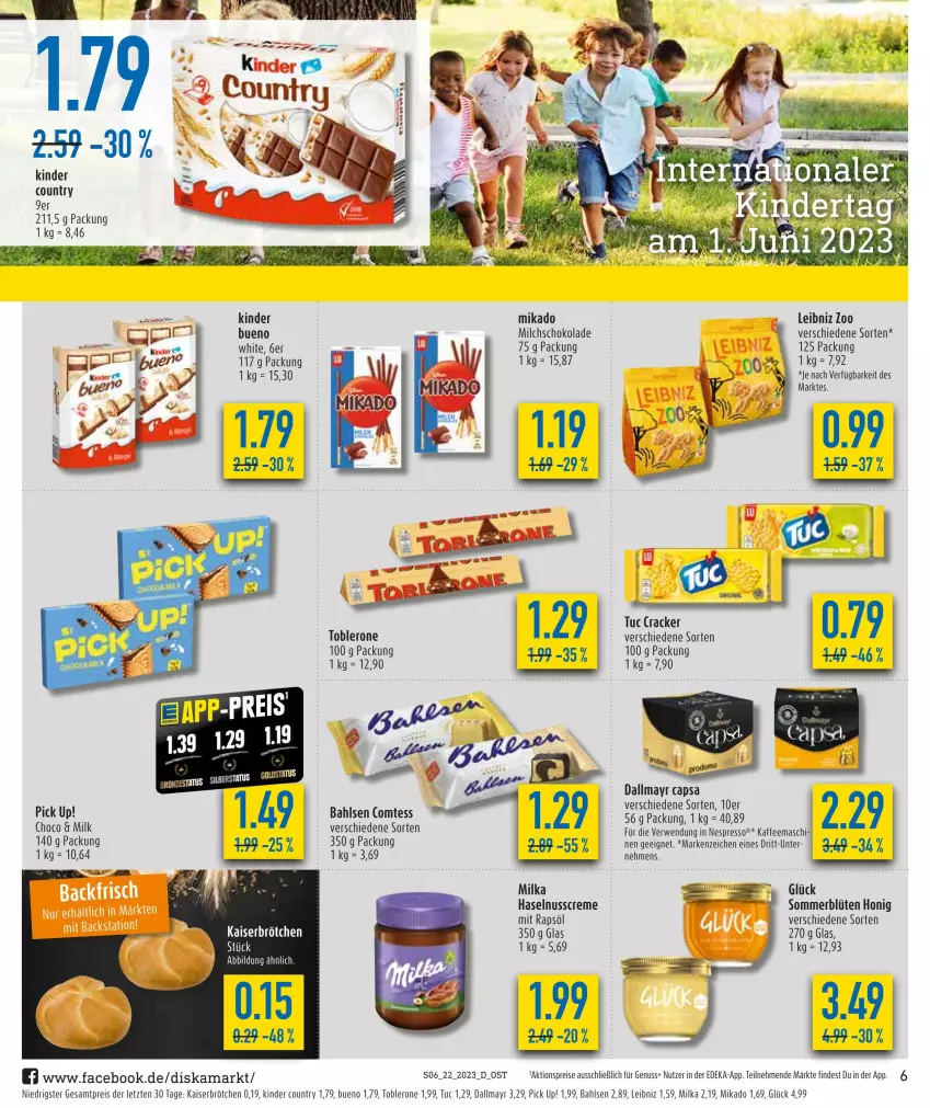 Aktueller Prospekt Diska - Prospekte - von 30.05 bis 03.06.2023 - strona 6 - produkty: aktionspreis, bahlsen, Blüte, brötchen, Cap, comtess, cracker, creme, dallmayr, dallmayr capsa, deka, eis, espresso, haselnuss, Haselnusscreme, honig, kaffee, Kaiser, Kinder, kinder country, leibniz, mikado, milch, milka, nespresso, nuss, Pick Up!, rapsöl, reis, rwe, schoko, schokolade, Ti, toblerone, tuc, ZTE