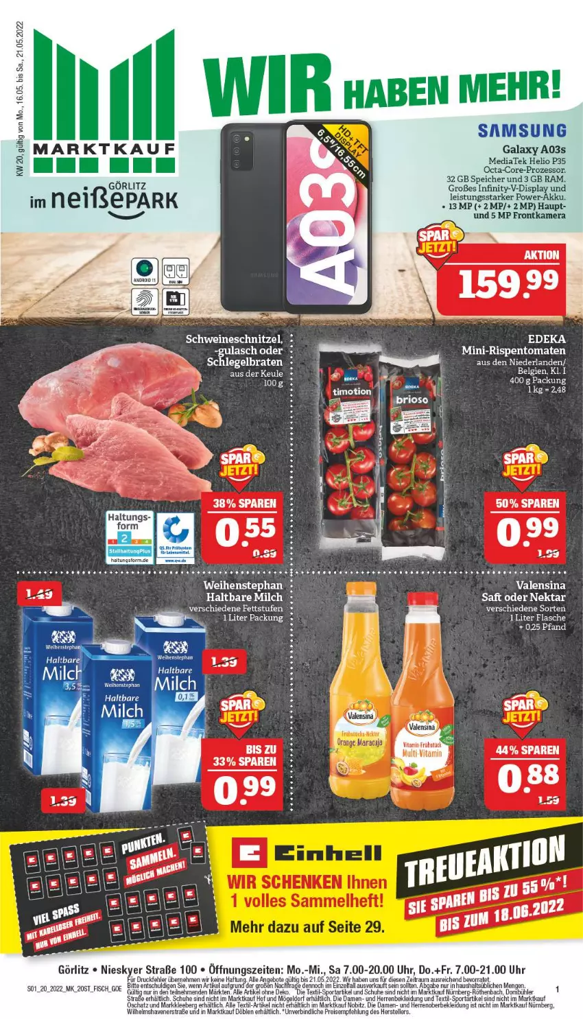 Aktueller Prospekt Marktkauf - Prospekt - von 15.05 bis 21.05.2022 - strona 1 - produkty: akku, angebot, angebote, eis, elle, fisch, flasche, frontkamera, gulasch, haltbare milch, kamera, kleid, Kleidung, LG, milch, Nektar, reis, saft, Samsung, samsung galaxy, Samsung Galaxy A, schnitzel, schuhe, schwein, schweine, schweineschnitzel, Seife, Sport, tee, teller, Ti, uhr, valensina, vita, weihenstephan, wein, weine