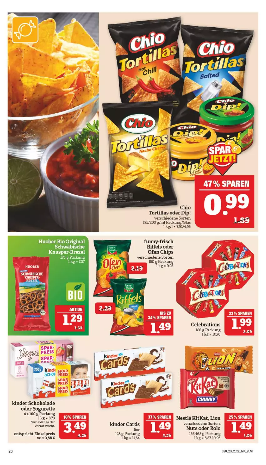 Aktueller Prospekt Marktkauf - Prospekt - von 15.05 bis 21.05.2022 - strona 20 - produkty: bio, brezel, chips, dip, eis, funny-frisch, gin, huober, Kinder, kinder schokolade, kitkat, lion, oder yogurette, Ofen, reis, schoko, schokolade, tee, Ti, tortilla, tortillas, Yo, yogurette