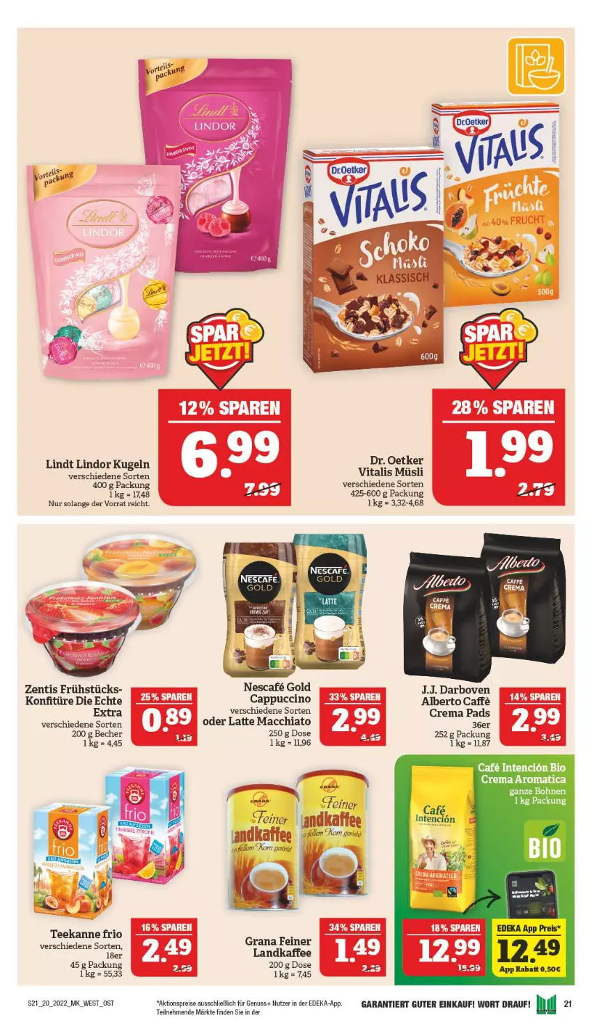 Aktueller Prospekt Marktkauf - Prospekt - von 15.05 bis 21.05.2022 - strona 21 - produkty: aktionspreis, bio, bohne, bohnen, Cap, cappuccino, cin, crema pads, darbo, darboven, deka, Dr. Oetker, eis, kaffee, konfitüre, Kugel, latte, lindor, lindt, ndk, nescafe, nuss, Rana, reis, tee, teekanne, Ti, Yo, zentis