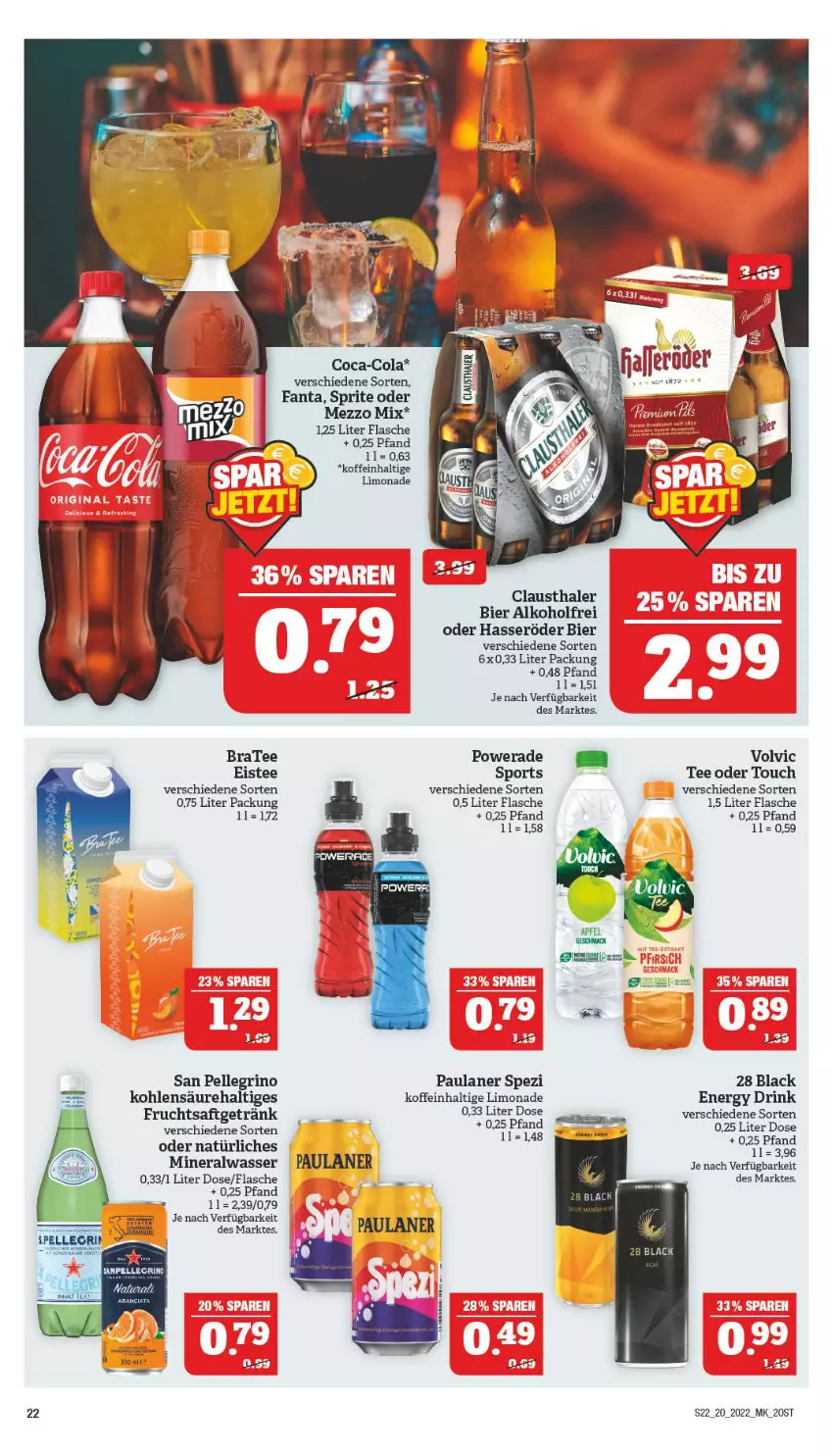 Aktueller Prospekt Marktkauf - Prospekt - von 15.05 bis 21.05.2022 - strona 22 - produkty: alkohol, Alwa, aust, bier, BraTee, clausthaler, coca-cola, cola, drink, eis, eistee, elle, energy drink, fanta, flasche, frucht, fruchtsaft, getränk, hasseröder, lack, limo, limonade, Mezzo Mix, mineralwasser, natürliches mineralwasser, Paula, paulaner, saft, san pellegrino, Spezi, Sport, sprite, tee, Ti, volvic, wasser