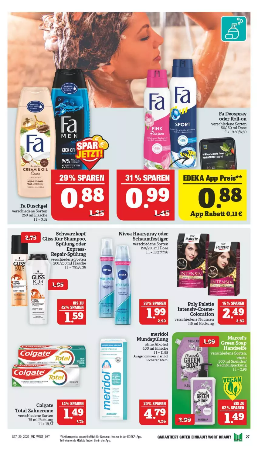 Aktueller Prospekt Marktkauf - Prospekt - von 15.05 bis 21.05.2022 - strona 27 - produkty: aktionspreis, alkohol, colgate, creme, deka, deo, deospray, duschgel, eis, fa duschgel, flasche, gliss, gliss kur, haarspray, LG, meridol, mundspülung, nivea, Nuance, nuss, ohne alkohol, Palette, reis, roll-on, schaumfestiger, schwarzkop, schwarzkopf, shampoo, spülung, Ti, zahncreme