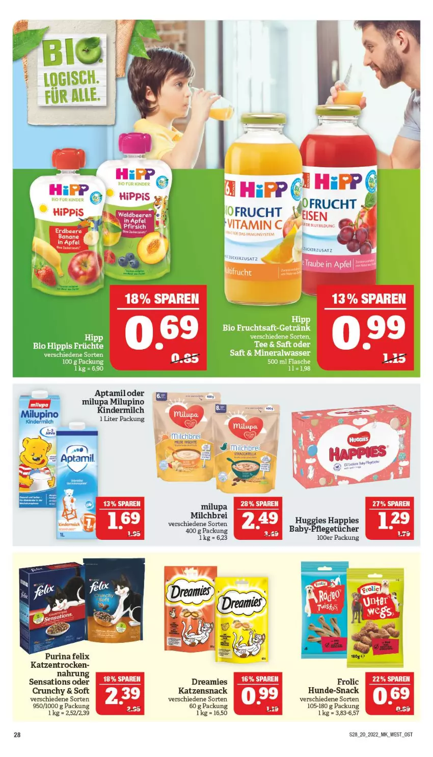 Aktueller Prospekt Marktkauf - Prospekt - von 15.05 bis 21.05.2022 - strona 28 - produkty: Alwa, apfel, banane, bio, dreamies, felix, flasche, frolic, frucht, früchte, fruchtsaft, getränk, hipp, katzensnack, Kinder, kindermilch, milch, milupa, mineralwasser, pfirsich, purina, saft, sensations, snack, tee, Ti, vita, Vitamin B, wasser