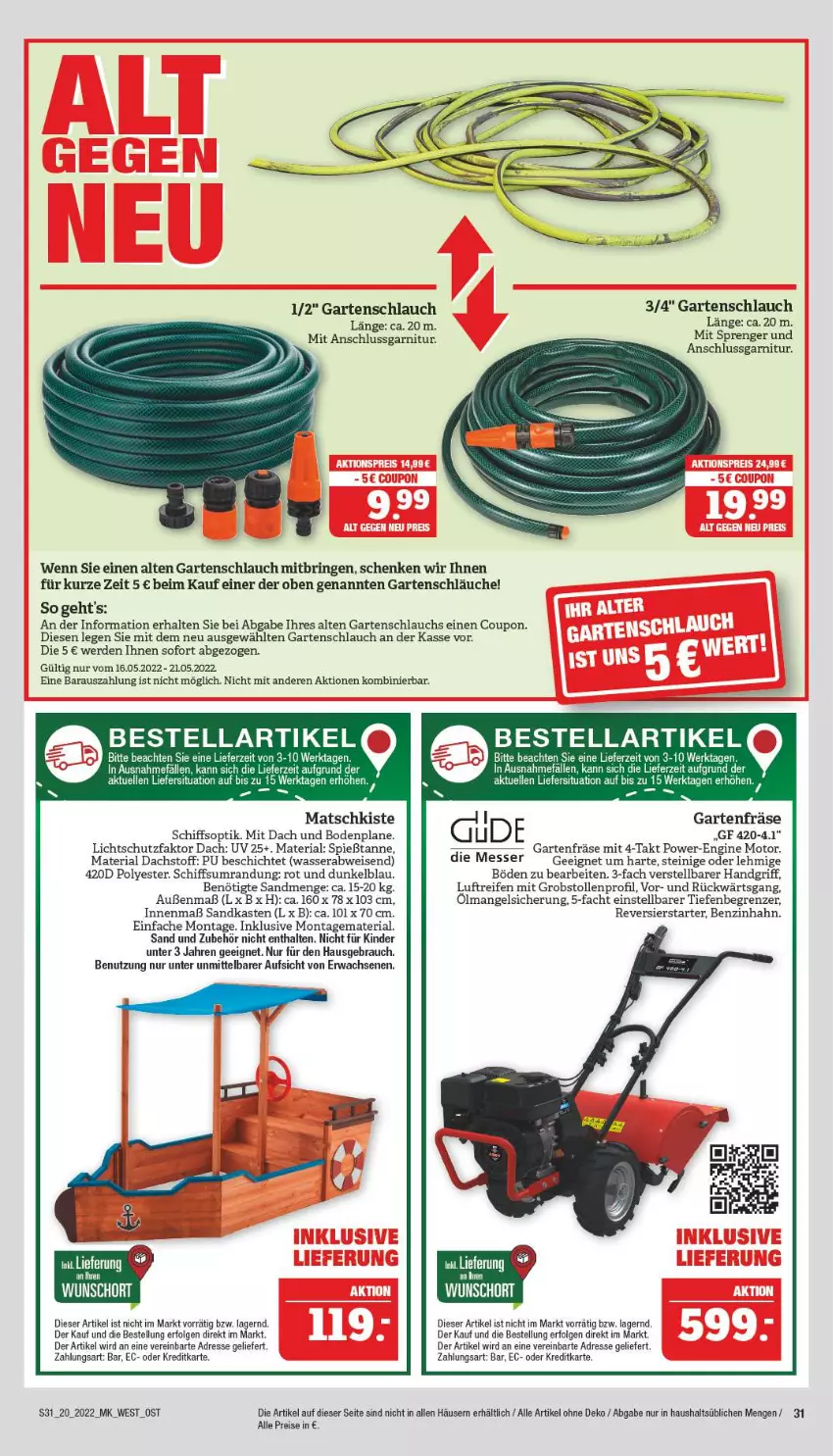 Aktueller Prospekt Marktkauf - Prospekt - von 15.05 bis 21.05.2022 - strona 31 - produkty: coupon, eis, elle, erde, garnitur, Garten, gartenschlauch, gin, Kinder, LG, messer, ndk, obst, Rauch, reifen, reis, Ria, ring, Sandkasten, schlauch, schläuche, Stollen, tee, Ti, wasser