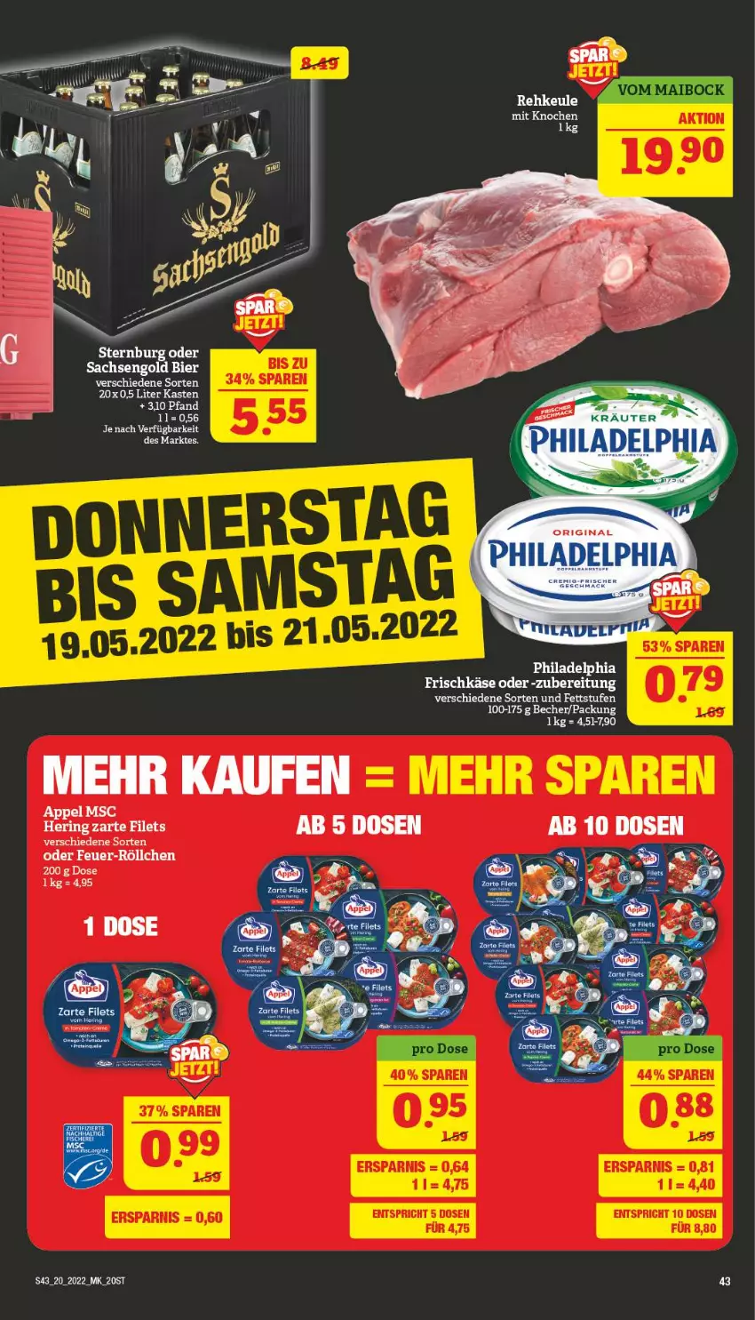 Aktueller Prospekt Marktkauf - Prospekt - von 15.05 bis 21.05.2022 - strona 43 - produkty: bier, frischkäse, Käse, krone, philadelphia, sac, Sternburg, Ti