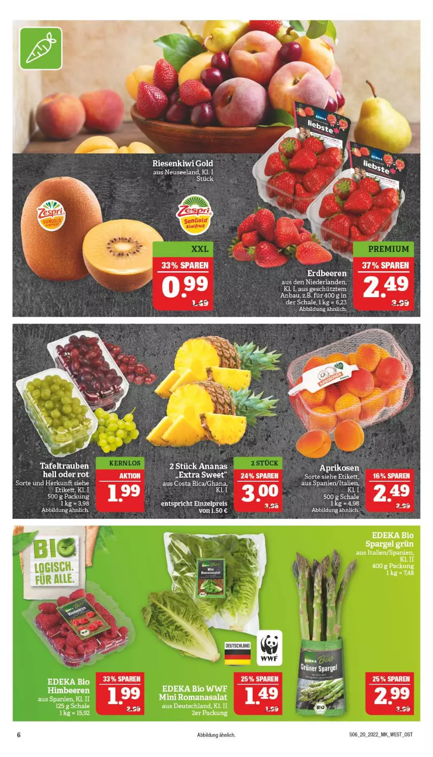 Aktueller Prospekt Marktkauf - Prospekt - von 15.05 bis 21.05.2022 - strona 6 - produkty: aeg, ananas, Bau, beere, beeren, bio, deka, edeka bio, eis, Elan, gin, grüner spargel, himbeer, himbeere, himbeeren, kiwi, Kiwi Gold, rel, Romanasalat, salat, Schal, Schale, spargel, tafeltrauben, Ti, trauben, ZTE