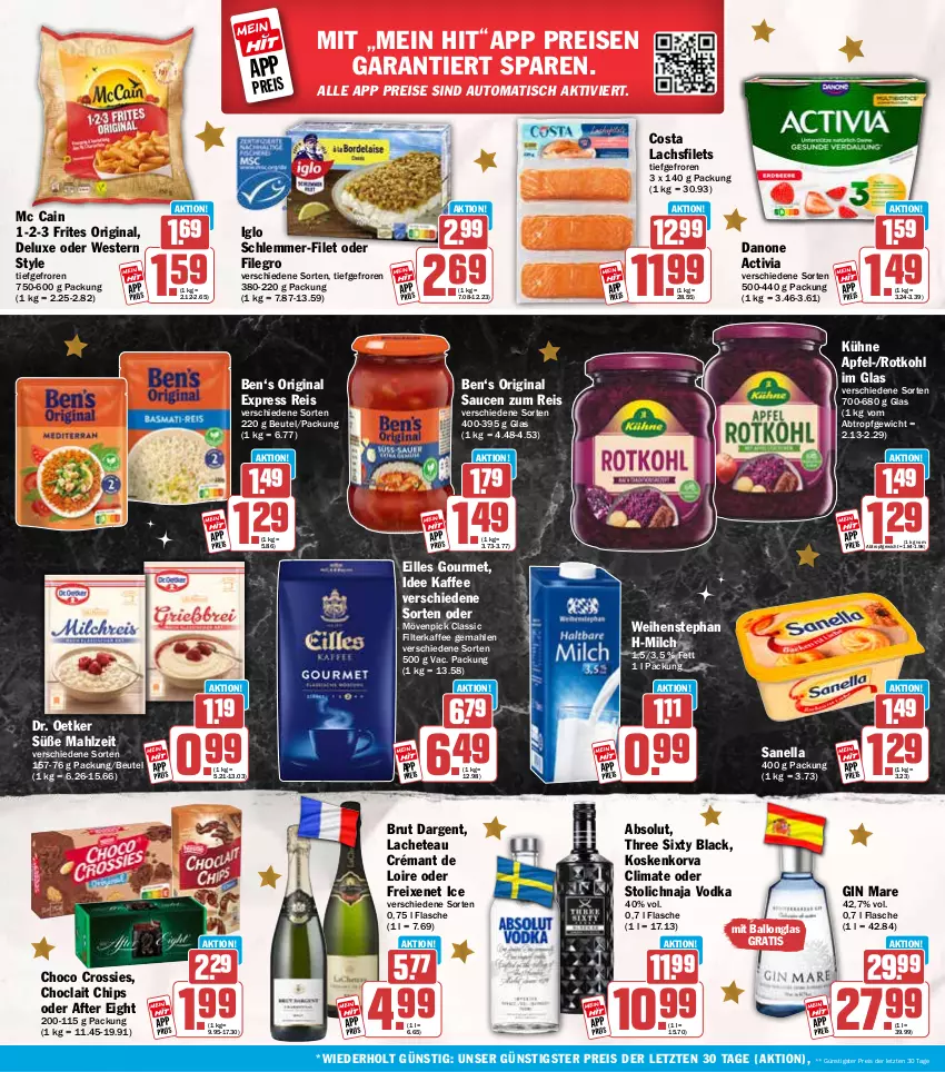Aktueller Prospekt Hit - Wochenprospekt - von 01.12 bis 06.12.2025 - strona 22 - produkty: activia, after eight, apfel, auto, ball, beutel, brut, brut dargent, chips, choclait chips, choco crossies, crémant de loire, crossies, danone, danone activia, Dr. Oetker, eilles gourmet, eis, filegro, filet, filets, filterkaffee, flasche, freixenet, gin, gin mare, iglo, kaffee, Kühne, lachs, lachsfilet, lachsfilets, lack, mc cain, milch, mövenpick, reis, rotkohl, sauce, saucen, schlemmer-filet, Three Sixty, Ti, tisch, vodka, weihenstephan, Weste, ZTE
