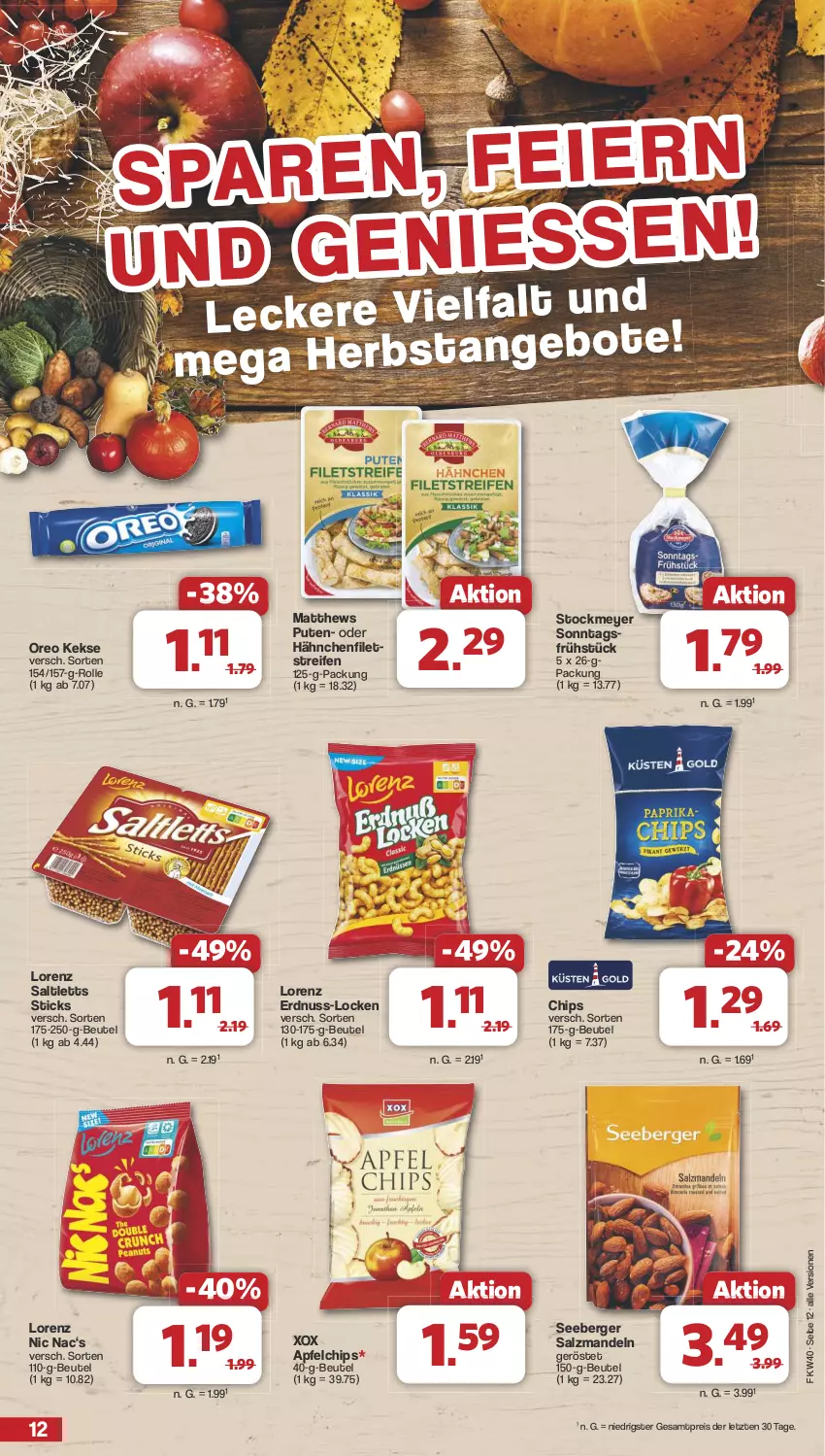 Aktueller Prospekt Famila - Prospekte - von 30.09 bis 05.10.2024 - strona 12 - produkty: apfel, Berger, beutel, chips, eis, erdnuss, filet, filets, keks, kekse, lorenz, mandel, mandeln, nuss, oreo, pute, reifen, reis, saltletts, salz, seeberger, stockmeyer, Ti, ZTE