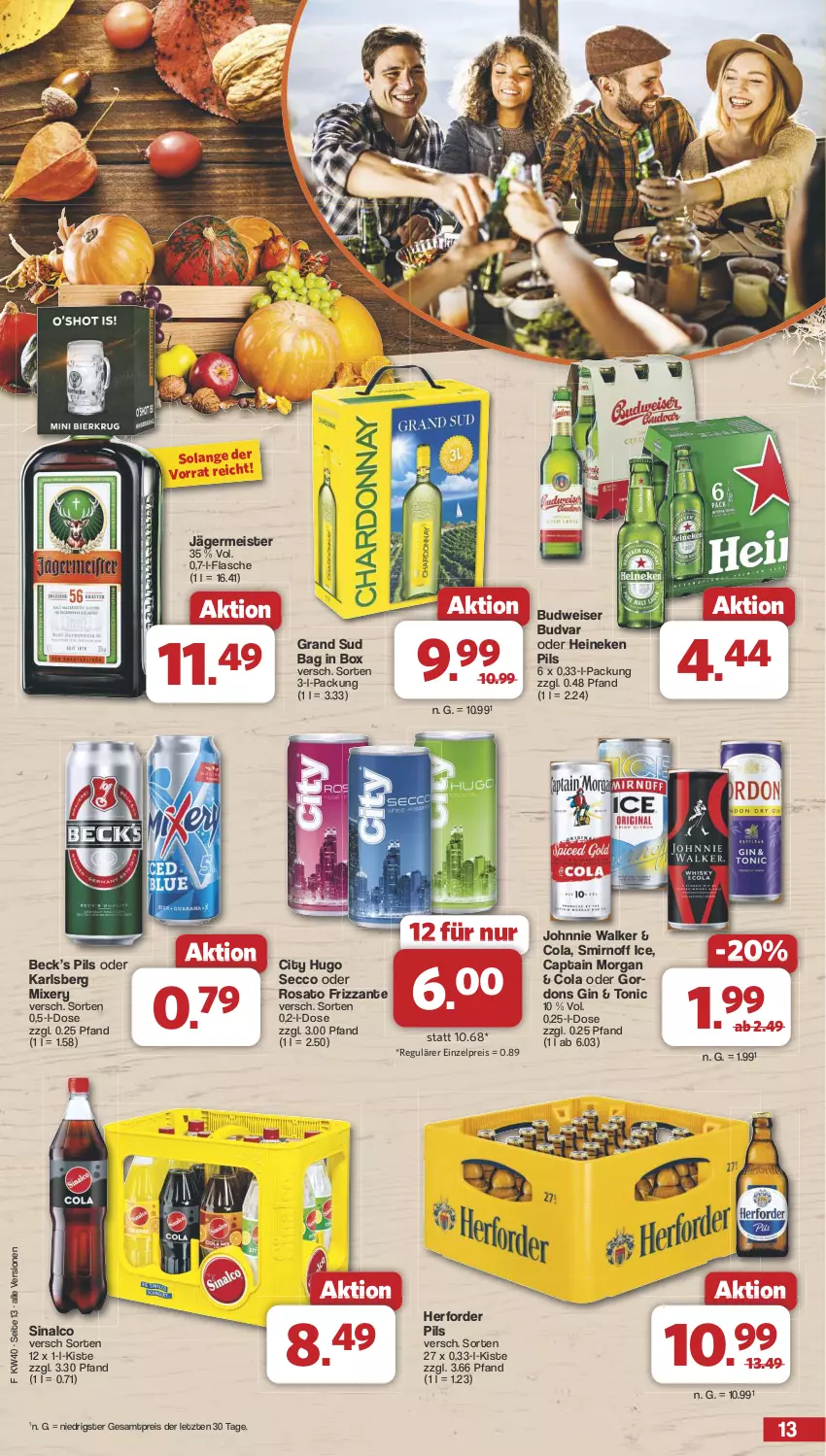 Aktueller Prospekt Famila - Prospekte - von 30.09 bis 05.10.2024 - strona 13 - produkty: budweiser, Cap, captain morgan, cola, ecco, eis, flasche, frizzante, Germ, gin, gordon, gordons, grand sud, heineken, hugo, jägermeister, johnnie walker, karlsberg, karlsberg mixery, Meister, Mixer, mixery, pils, reis, rosato, sinalco, smirnoff, Ti, tonic, ZTE