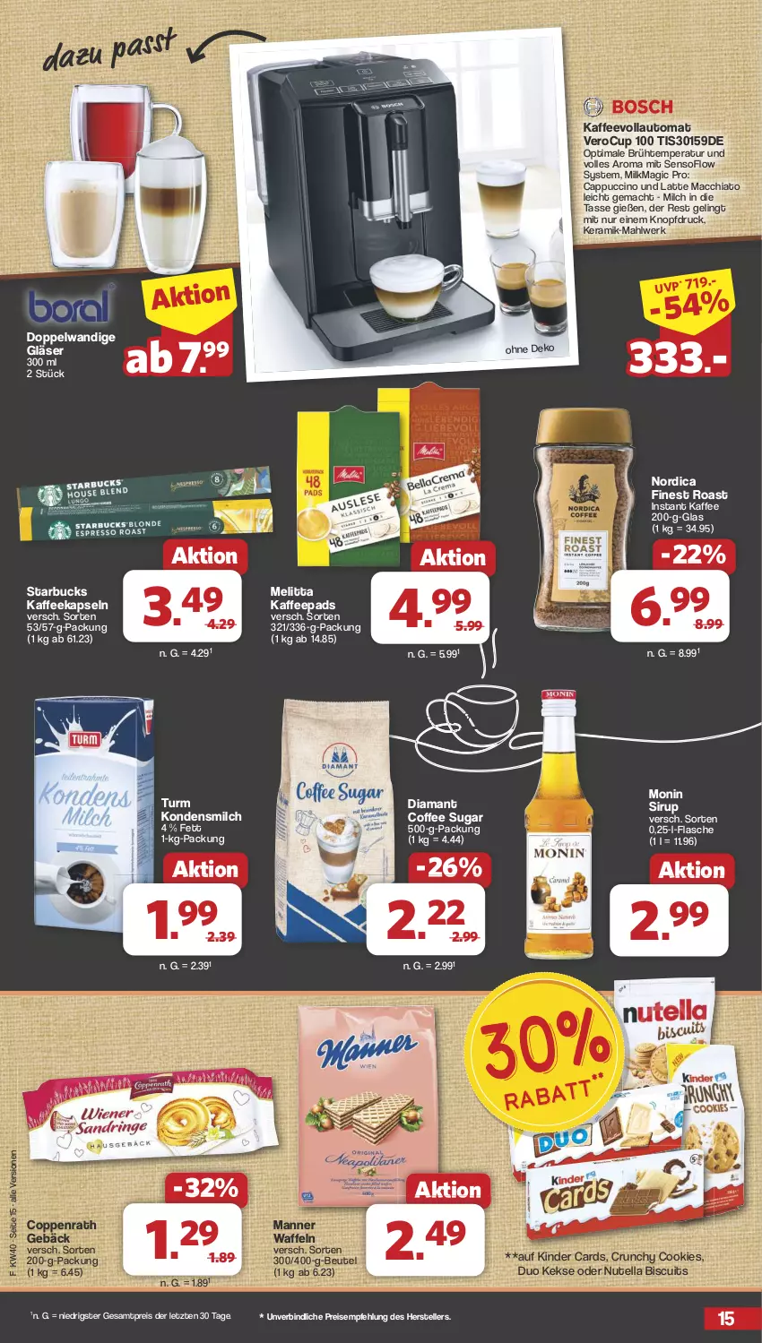 Aktueller Prospekt Famila - Prospekte - von 30.09 bis 05.10.2024 - strona 15 - produkty: ACC, auto, beutel, Cap, cappuccino, chia, cin, cookie, cookies, coppenrath, Coppenrath Gebäck, eis, elle, flasche, Gläser, kaffee, kaffeekapseln, kaffeepads, kaffeevollautomat, keks, kekse, Kinder, kondensmilch, latte, latte macchiato, mac, macchiato, Manner, melitta, milch, monin, Nordica, nutella, reis, sirup, starbucks, tasse, teller, Ti, waffeln, ZTE