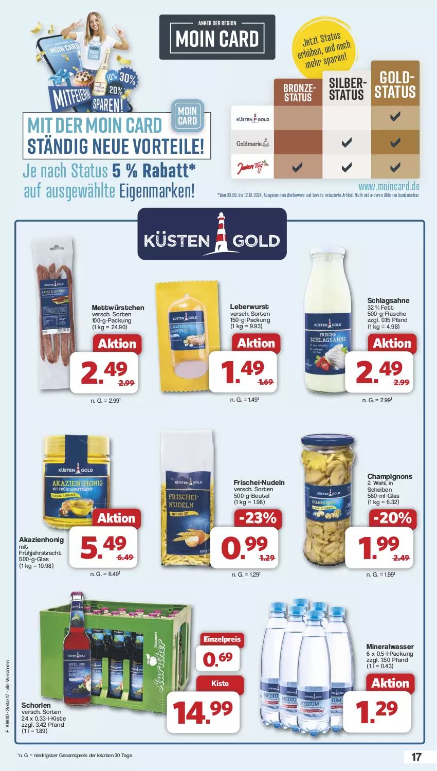 Aktueller Prospekt Famila - Prospekte - von 30.09 bis 05.10.2024 - strona 17 - produkty: Alwa, beutel, champignon, champignons, eis, flasche, frischei-nudeln, honig, leberwurst, Mett, mineralwasser, nudel, nudeln, reis, sahne, schlagsahne, schorle, Ti, wasser, wurst, würstchen, ZTE