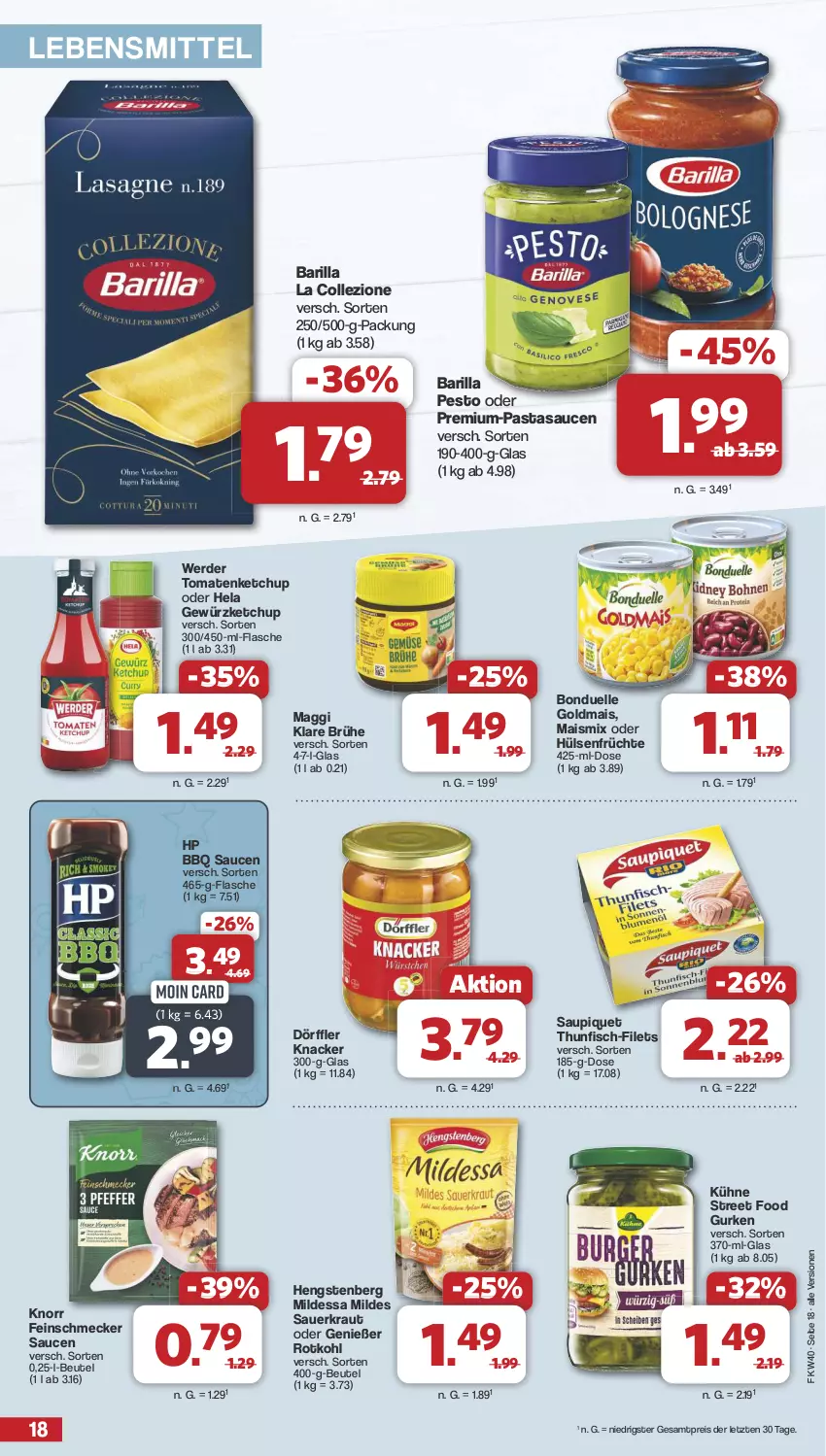 Aktueller Prospekt Famila - Prospekte - von 30.09 bis 05.10.2024 - strona 18 - produkty: auer, barilla, beutel, bonduelle, bonduelle goldmais, Brühe, eis, elle, erde, feinschmecker, filet, filets, fisch, flasche, früchte, gewürz, gewürzketchup, Goldmais, gurke, gurken, Hela, hengstenberg, HP, hülsenfrüchte, ketchup, knacker, knorr, Kraut, Kühne, lebensmittel, maggi, mais, pasta, pesto, reis, rotkohl, sauce, saucen, Sauerkraut, saupiquet, senf, thunfisch, Ti, tomate, tomaten, tomatenketchup, ZTE