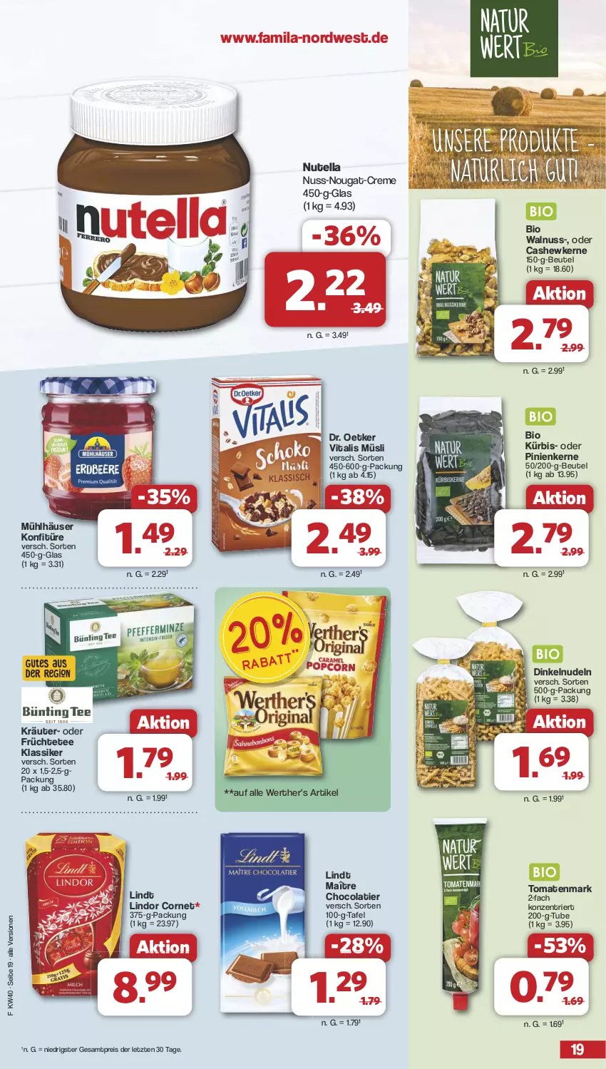 Aktueller Prospekt Famila - Prospekte - von 30.09 bis 05.10.2024 - strona 19 - produkty: beutel, bio, Cashew, cashewkerne, cola, creme, Dr. Oetker, eis, früchte, Früchtetee, konfitüre, kräuter, Kürbis, lindor, lindt, mühlhäuser, müsli, nudel, nudeln, nuss, nuss-nougat-creme, nutella, pinienkerne, reis, tee, Ti, tomate, tomaten, tomatenmark, vita, vitalis, vitalis müsli, walnuss, ZTE