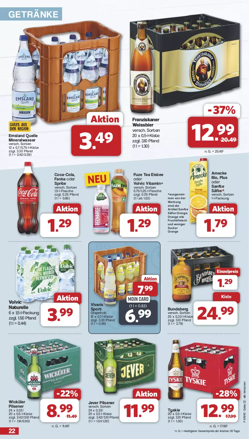 Aktueller Prospekt Famila - Prospekte - von 30.09 bis 05.10.2024 - strona 22 - produkty: Alwa, amecke, bier, bio, Bundaberg, coca-cola, cola, eis, eistee, elle, fanta, fanta oder, fanta oder sprite, flasche, fleisch, franziskaner, frucht, fruchtfleisch, fuze tea, getränk, getränke, grapefruit, jever, jever pilsener, mineralwasser, mit frucht, natur, oder sprite, orange, pils, pilsener, reis, rel, säfte, Sport, sprite, tee, Ti, tyskie, vita, Vivaris, volvic, wasser, weissbier, WICK, ZTE, zucker