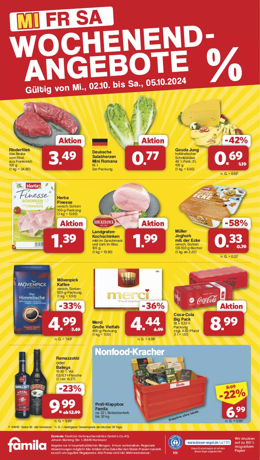 Aktueller Prospekt Famila - Prospekte - von 30.09 bis 05.10.2024 - strona 36 - produkty: auer, baileys, Becher, coca-cola, cola, drucker, eis, Engel, filet, finesse, flasche, gouda, gouda jung, herta, herta finesse, holländischer schnittkäse, joghur, joghurt, joghurt mit der ecke, kaffee, Käse, kerze, Klappbox, kochschinken, kracher, mac, merci, mövenpick, mövenpick kaffee, Müller, papier, rama, ramazzott, ramazzotti, Rauch, regal, reis, rind, rinder, rinderfilet, rwe, salat, salatherzen, schinken, schnittkäse, Ti, zott, ZTE