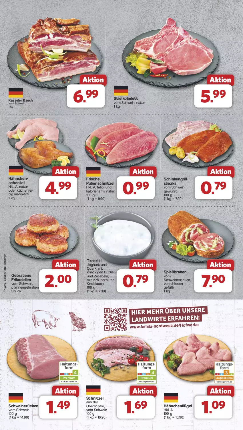 Aktueller Prospekt Famila - Prospekte - von 30.09 bis 05.10.2024 - strona 5 - produkty: Bau, braten, dell, elle, frikadellen, gewürz, grill, gurke, gurken, hähnchenflügel, hähnchenschenkel, henkel, joghur, joghurt, kasseler, knoblauch, kotelett, kräuter, kräutern, küche, Küchen, natur, pfanne, pfannen, pute, putenschnitzel, quark, Schal, Schale, schenkel, schinken, schnitzel, schwein, schweine, schweinenacken, schweinerücken, steak, steaks, Ti, tzatziki, vom schweinenacken, wein, weine, zwiebel, zwiebeln