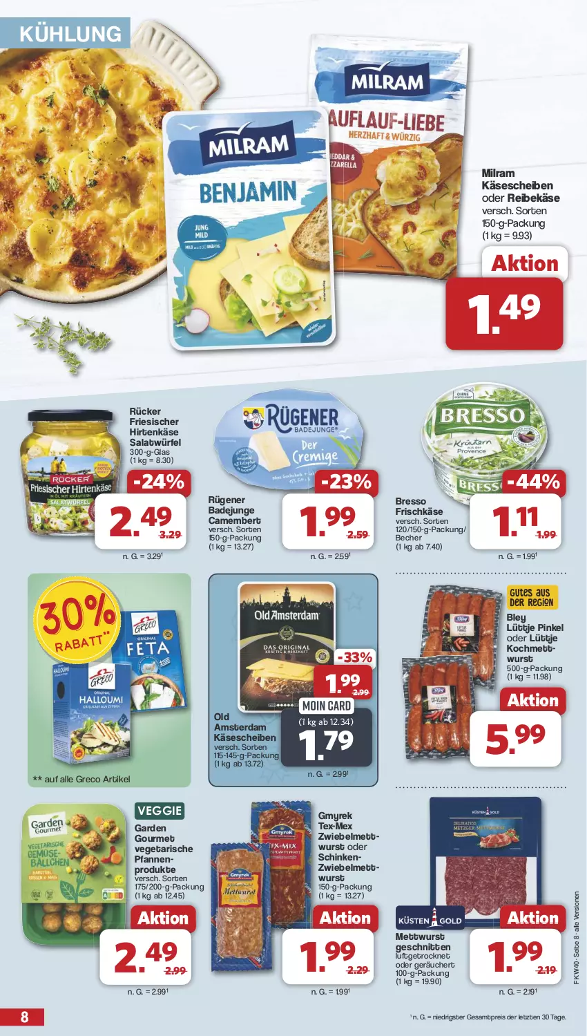 Aktueller Prospekt Famila - Prospekte - von 30.09 bis 05.10.2024 - strona 8 - produkty: Bad, Becher, bley, bresso, camembert, eis, friesischer hirtenkäse, frischkäse, garden gourmet, hirtenkäse, Käse, käsescheiben, Mett, mettwurst, milram, Old Amsterdam, pfanne, pfannen, Reibekäse, reis, Rügener, rügener badejunge, salat, Salatwürfel, schinken, schnitten, Ti, Vegeta, veggie, würfel, wurst, ZTE, zwiebel