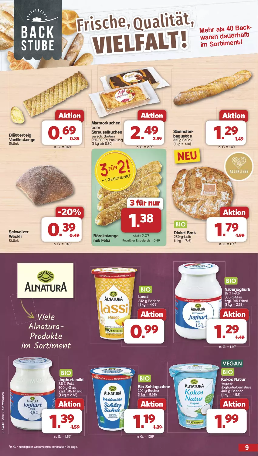 Aktueller Prospekt Famila - Prospekte - von 30.09 bis 05.10.2024 - strona 9 - produkty: auer, backwaren, baguette, Becher, bio, blätterteig, brot, eis, feta, joghur, joghurt, joghurt mild, kokos, kuchen, Marmorkuchen, natur, natura, naturjoghurt, Ofen, reis, sahne, schlagsahne, steinofen, Streuselkuchen, Ti, vanille, Vanillestange, weck, ZTE