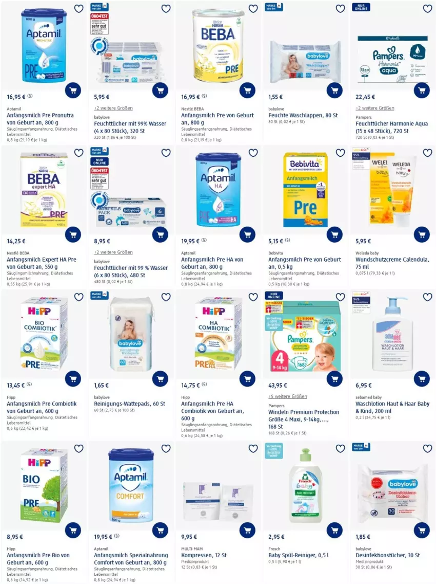 Aktueller Prospekt Dm Drogerie - Prospekte - von 23.06 bis 29.06.2022 - strona 8 - produkty: aqua, Babylove, Beba, bebivita, bio, Calendula, creme, Desinfektion, feuchttücher, Frosch, hipp, lebensmittel, Lotion, mam, medizinprodukt, milch, pampers, reiniger, Reinigung, Schutzcreme, sebamed, Spezi, Ti, tisch, tücher, vita, waschlappen, Waschlotion, wasser, wattepads, weleda, windeln