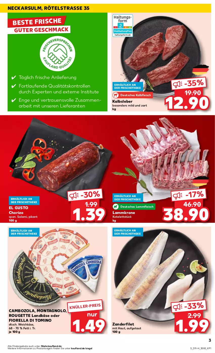 Aktueller Prospekt Kaufland - Extra-Angebote - von 14.03 bis 20.03.2024 - strona 3 - produkty: angebot, angebote, cambozola, chorizo, eis, filet, fleisch, Kalbfleisch, Kalbsleber, Käse, kotelett, krone, lamm, Lammfleisch, Lammkrone, landkäse, Laufen, mac, ndk, rel, rouge, rougette, salami, Ti, weichkäse, Zander