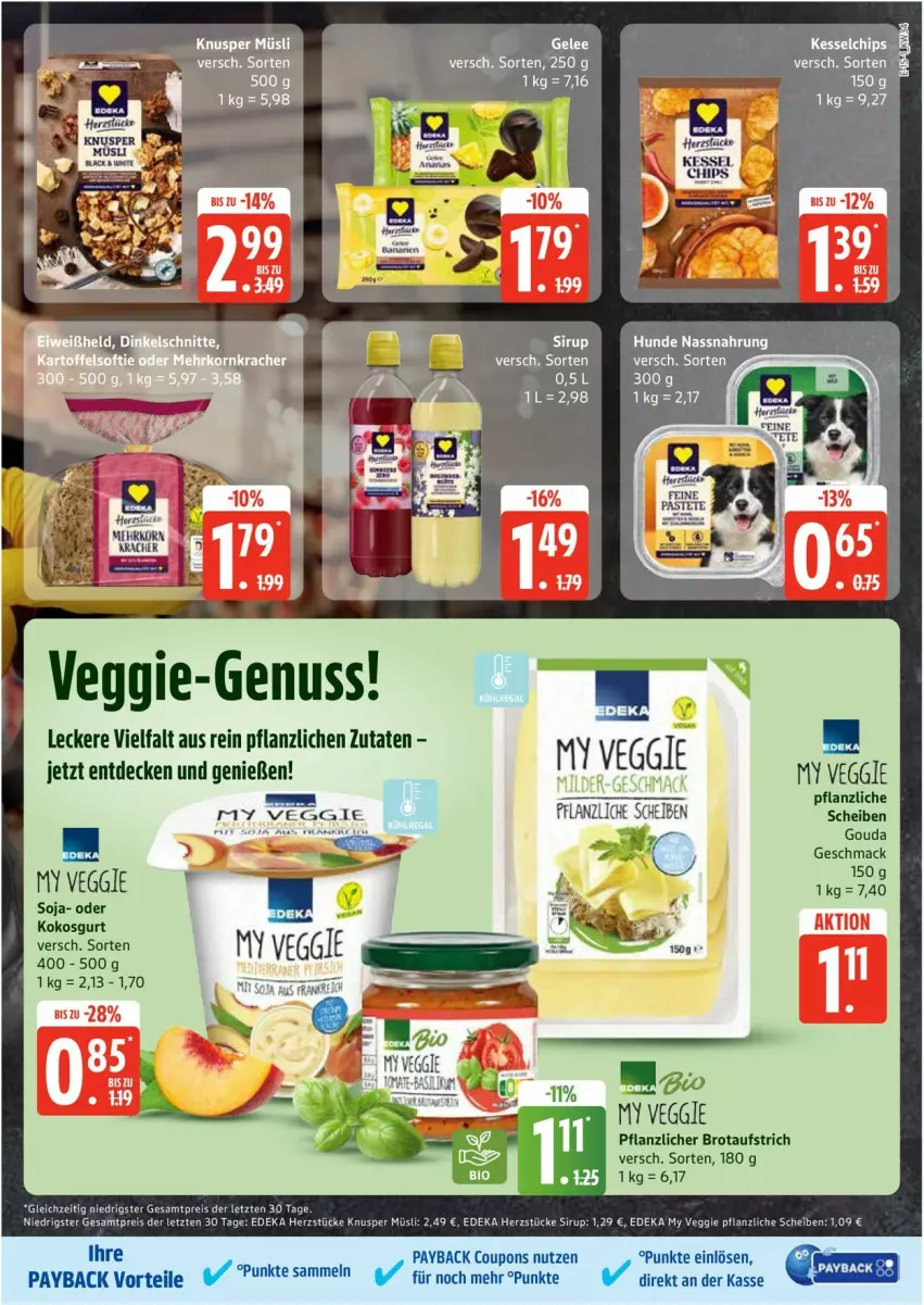 Aktueller Prospekt Edeka - Prospekte - von 18.08 bis 23.08.2025 - strona 15 - produkty: aufstrich, brot, brotaufstrich, chips, coupon, coupons, deka, eis, gouda, Heu, kokos, korn, mac, müsli, Nassnahrung, nuss, payback, reis, sirup, soja, tesa, Ti, veggie, ZTE