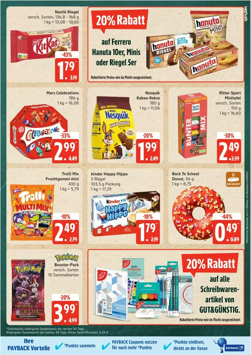 Aktueller Prospekt Edeka - Prospekte - von 18.08 bis 23.08.2025 - strona 19 - produkty: coupon, coupons, Donut, eis, ferrero, frucht, fruchtgummi, hanuta, hipp, kakao, keks, kekse, Kinder, mars, nesquik, payback, reis, riegel, ritter, ritter sport, schreibwaren, Sport, Ti, trolli, ZTE