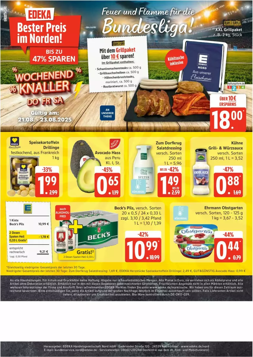 Aktueller Prospekt Edeka - Prospekte - von 18.08 bis 23.08.2025 - strona 24 - produkty: angebot, angebote, avocado, Bau, bauchscheiben, becks, bio, blume, blumen, bratwurst, deka, dekoration, dressing, ehrmann, eis, Elan, Garten, grill, Grillbauch, hähnchenbrust, kartoffel, kartoffeln, Kühne, Nackensteak, nackensteaks, obst, obstgarten, pils, regal, reis, rostbratwurst, salat, salatdressing, sauce, schwein, schweine, schweinenacken, Spaten, speisekartoffeln, steak, steaks, telefon, Ti, trolli, wein, weine, wurst, würzsauce, ZTE, Zum Dorfkrug