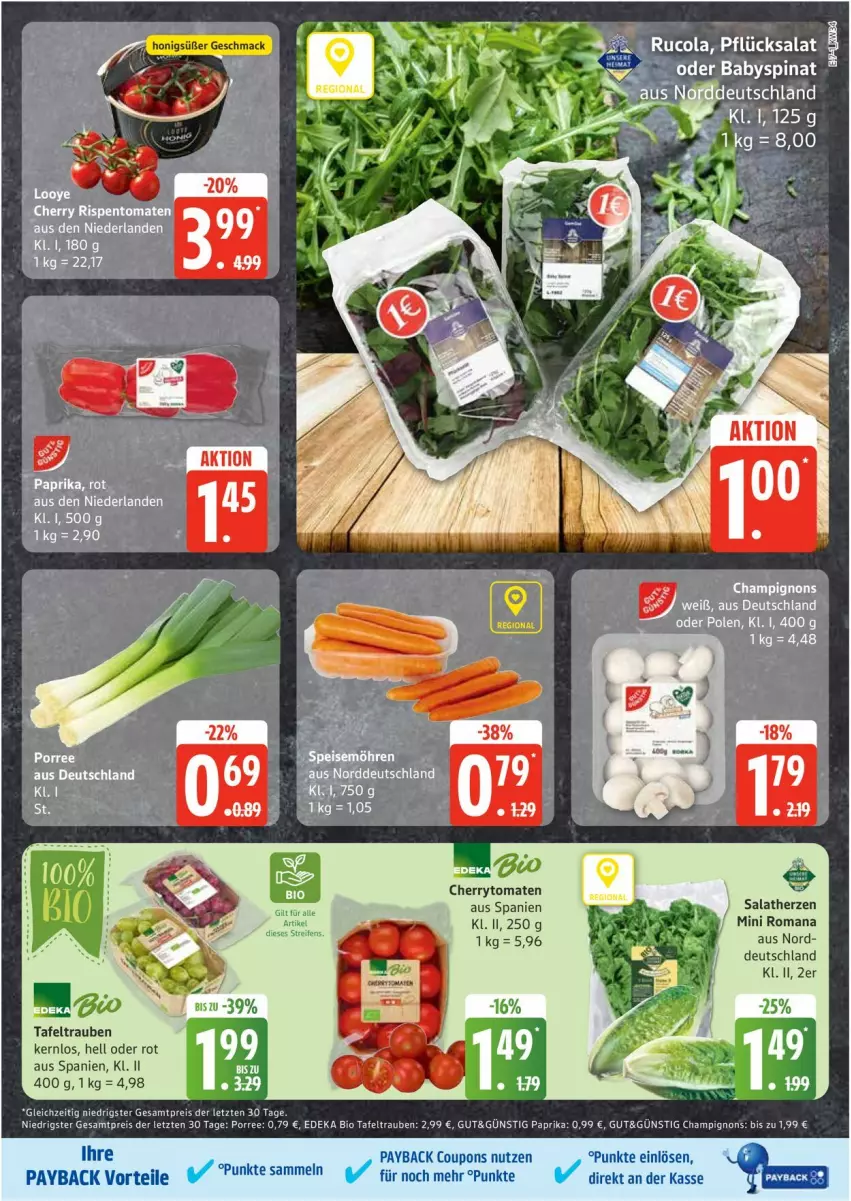 Aktueller Prospekt Edeka - Prospekte - von 18.08 bis 23.08.2025 - strona 7 - produkty: Babyspinat, bio, champignon, champignons, cherrytomaten, cola, coupon, coupons, deka, edeka bio, eis, paprika, payback, reis, rispentomaten, rucola, salat, salatherzen, spinat, tafeltrauben, Ti, tomate, tomaten, trauben, ZTE