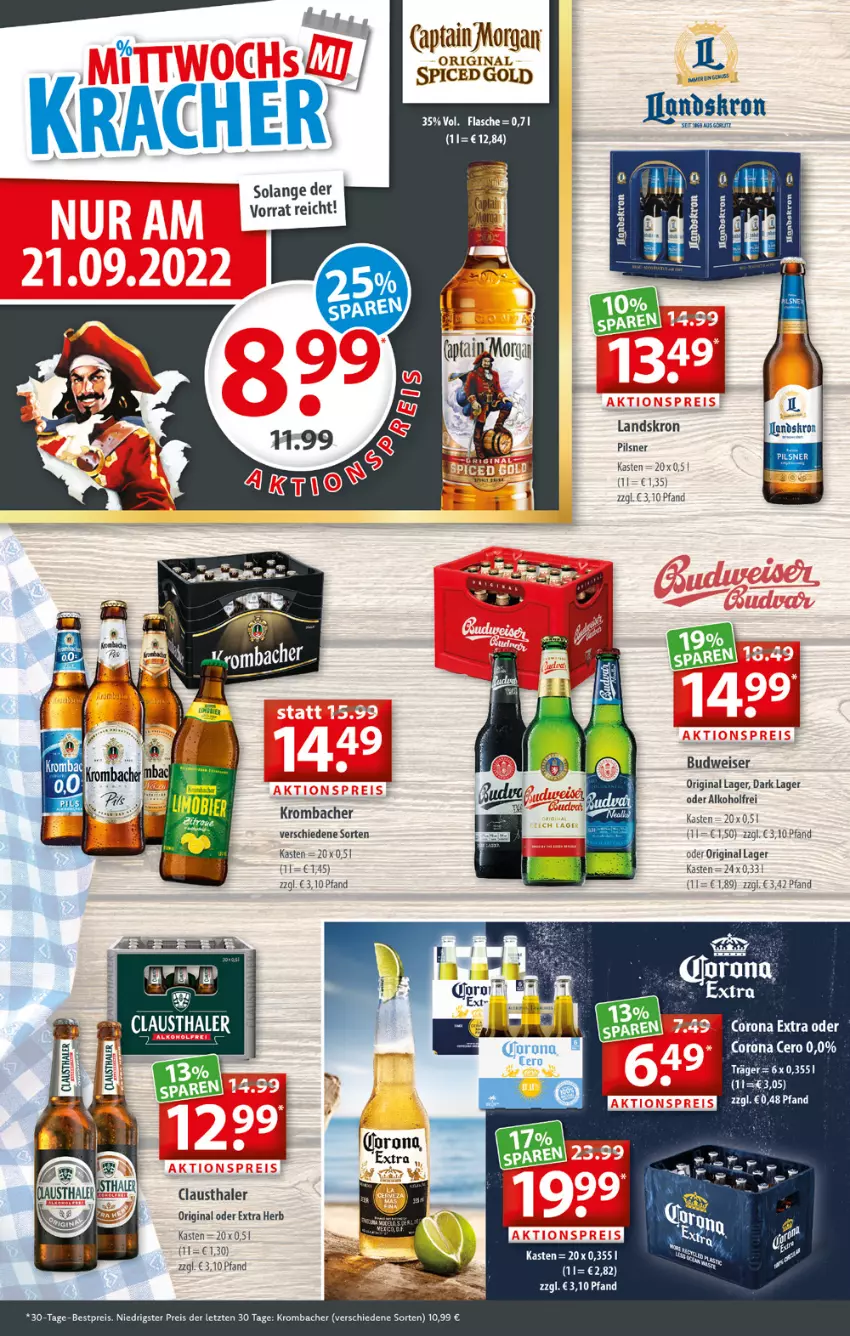 Aktueller Prospekt Getraenkeland - von 19.09 bis 01.10.2022 - strona 2 - produkty: alkohol, aust, bestpreis, budweiser, Cap, captain morgan, clausthaler, corona, eis, flasche, gin, krombache, krombacher, pils, pilsner, reis, tee, Ti, ZTE