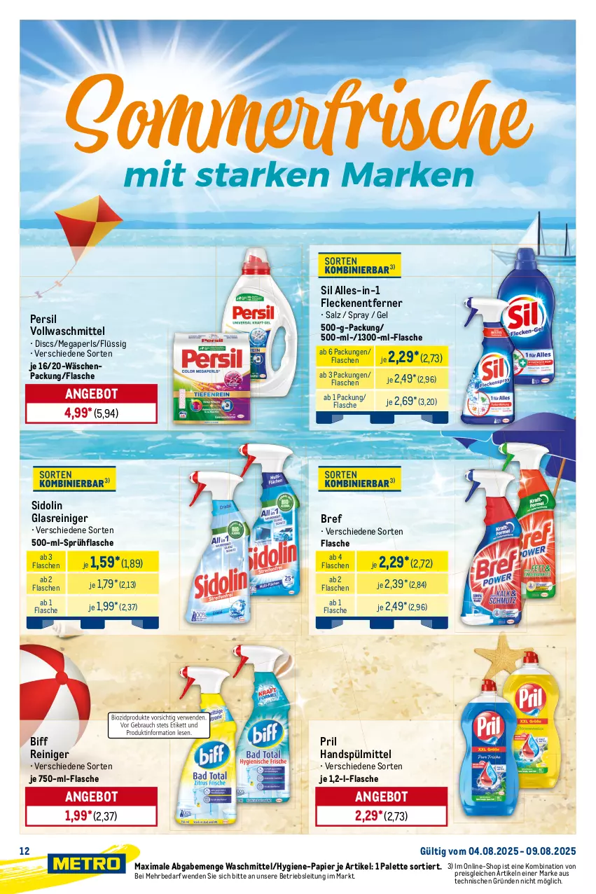 Aktueller Prospekt Metro - Starke Marken - von 04.08 bis 09.08.2025 - strona 12 - produkty: angebot, beutel, biff, Bref, eis, emsa, essig, flasche, Fleckenentferner, Frosch, Glasreiniger, megaperls, Palette, papier, persil, pril, reiniger, reis, salz, sidolin, spiritus, sprühflasche, spülmittel, Ti, vollwaschmittel, waschmittel, wc-reiniger