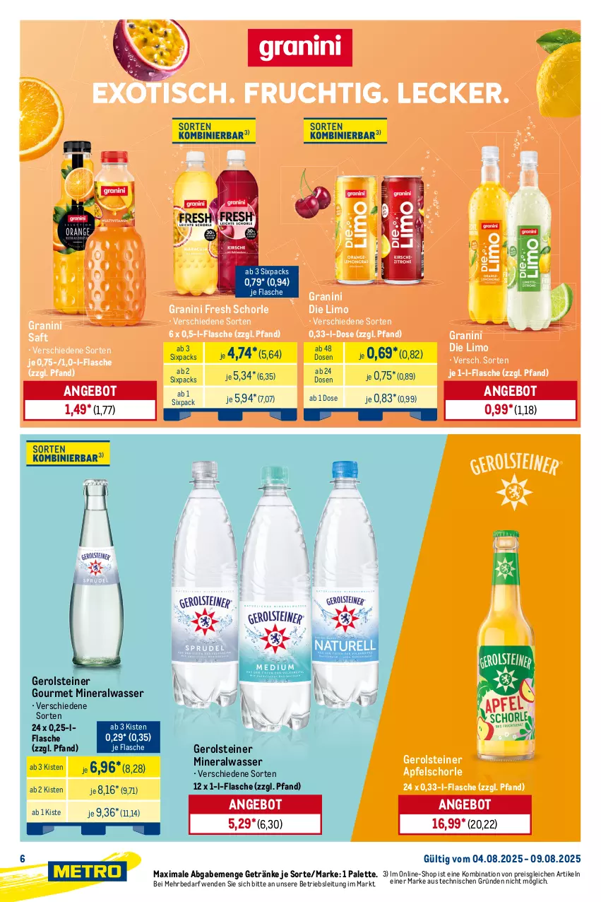 Aktueller Prospekt Metro - Starke Marken - von 04.08 bis 09.08.2025 - strona 6 - produkty: Alwa, angebot, apfel, Apfelschorle, Bravo, coca-cola, cola, eis, eistee, flasche, fuze tea, gerolsteine, gerolsteiner, getränk, getränke, granini, granini die limo, limo, mineralwasser, Palette, Rauch, reis, saft, schorle, steiner, tee, Ti, wasser