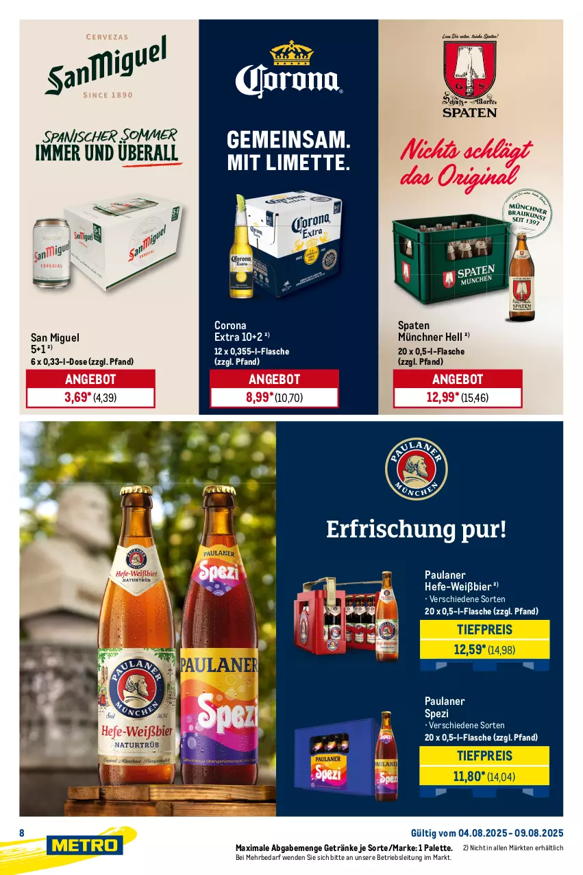Aktueller Prospekt Metro - Starke Marken - von 04.08 bis 09.08.2025 - strona 8 - produkty: angebot, bier, corona, corona extra, eis, flasche, getränk, getränke, Hefe, Palette, Paula, paulaner, reis, Spaten, Spezi, Ti, tiefpreis