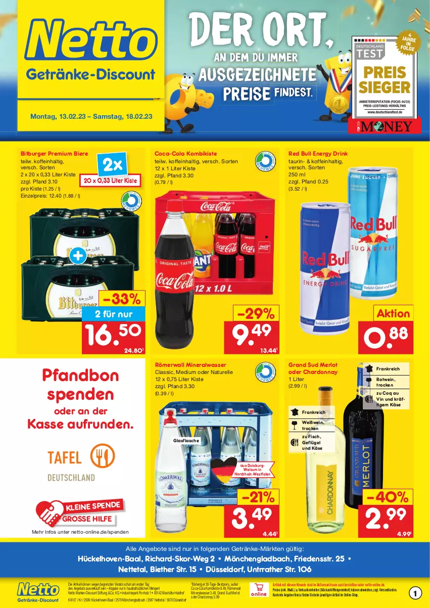 Aktueller Prospekt Netto Marken-Discount - Getränkemarkt in deiner Nähe - von 15.03.2021 bis 18.02.2023 - strona 1 - produkty: Alwa, angebot, angebote, Berger, bestpreis, bier, Biere, bitburger, brunnen, burger, chardonnay, coca-cola, cola, discount, drink, eis, elle, energy drink, fisch, flasche, franziskaner, Geflügel, getränk, getränke, glasflasche, grand sud, Holz, Käse, leine, LG, marken-discount, merl, merlot, mineralwasser, natur, ndk, nürnberger, red bull, regensburger, reis, rel, rosen, rotwein, Ti, wasser, wein, Weißwein, ZTE