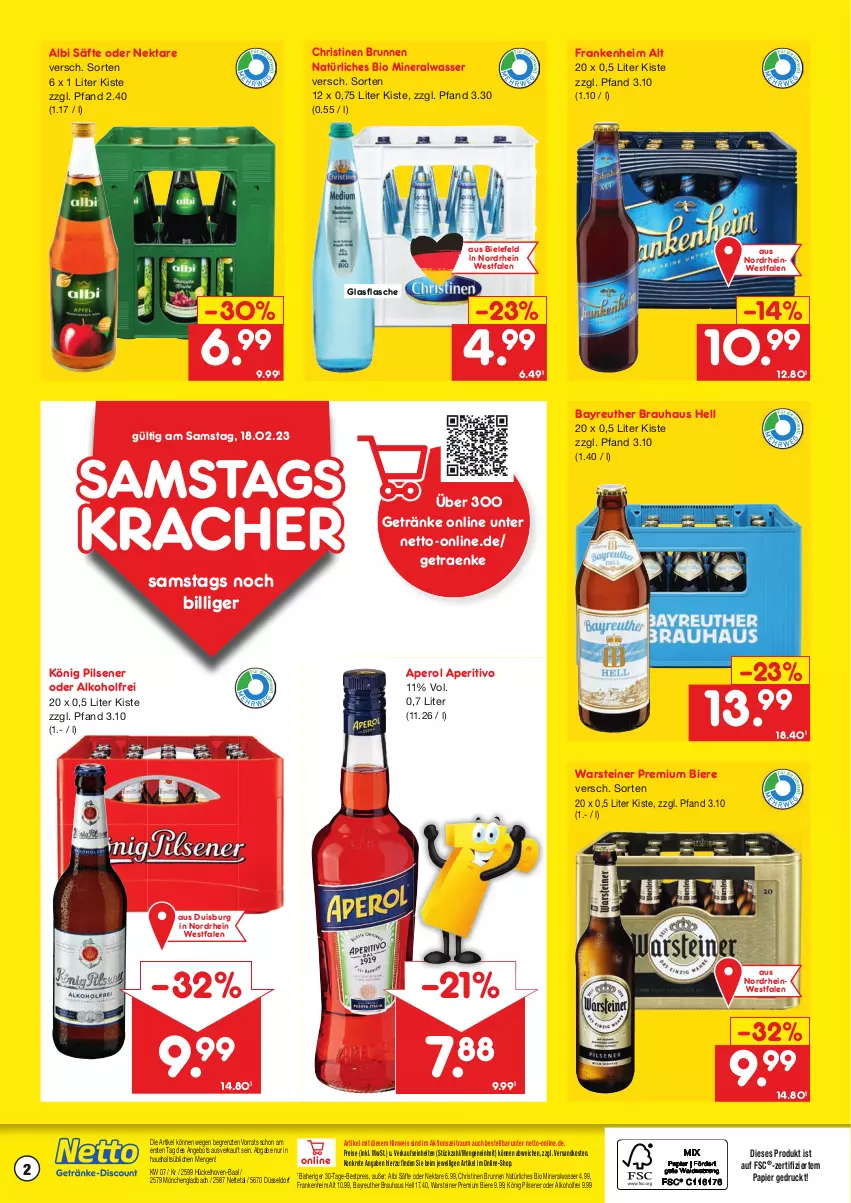 Aktueller Prospekt Netto Marken-Discount - Getränkemarkt in deiner Nähe - von 15.03.2021 bis 18.02.2023 - strona 2 - produkty: alkohol, Alwa, angebot, aperol, bestpreis, bier, Biere, bio, brunnen, eis, flasche, getränk, getränke, glasflasche, könig pilsener, kracher, krombache, krombacher, krombacher pils, mineralwasser, ndk, Nektar, orange, papier, pils, pilsener, premium pils, reis, rosen, säfte, steiner, Ti, vita, warsteiner, wasser, ZTE