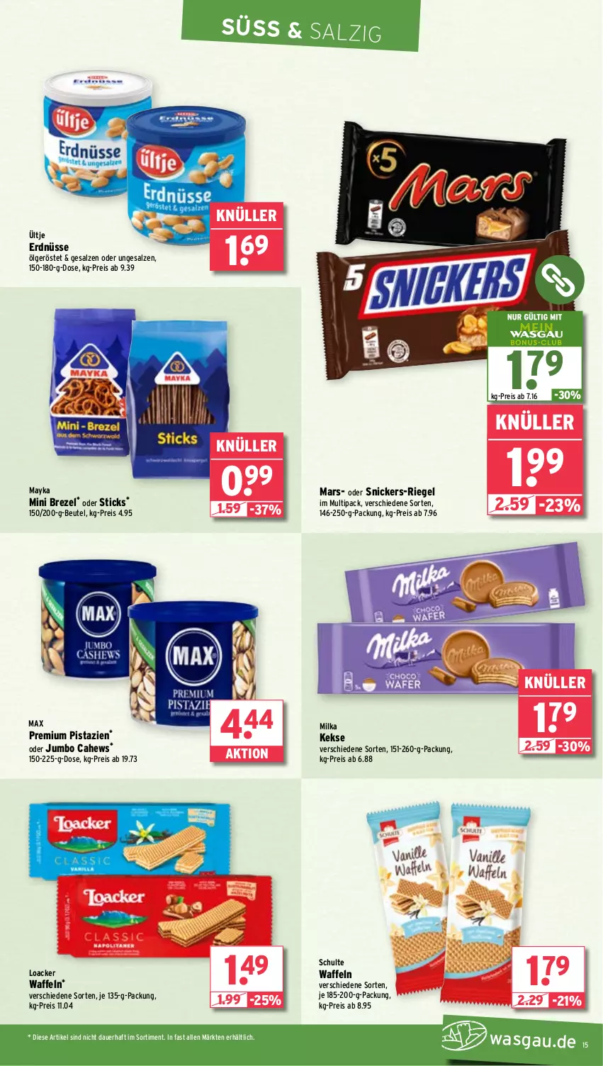 Aktueller Prospekt Wasgau - von 08.07 bis 13.07.2024 - strona 15 - produkty: auer, beutel, brezel, eis, erdnüsse, jumbo, keks, kekse, LG, mars, milka, pistazien, reis, riegel, salz, snickers, Ti, ültje, ültje erdnüsse, waffeln