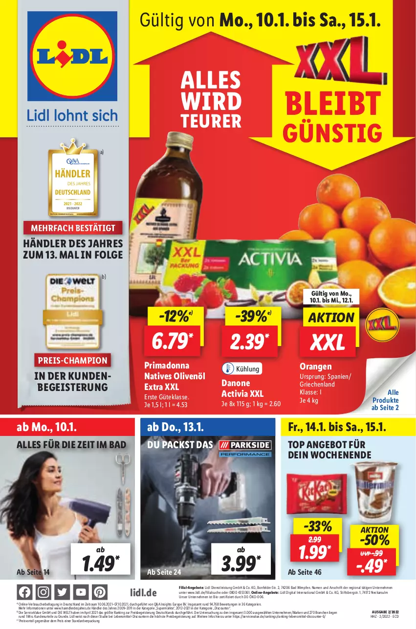 Aktueller Prospekt Lidl - Aktionsprospekt - von 10.01 bis 15.01.2022 - strona 1 - produkty: activia, angebot, angebote, Bad, bio, champion, danone, danone activia, discount, eis, erde, lebensmittel, LG, Liege, natives olivenöl, olive, oliven, olivenöl, olivenöl extra, orange, orangen, preisvorteil, pril, Rauch, reis, Ti