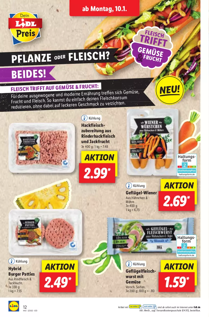 Aktueller Prospekt Lidl - Aktionsprospekt - von 10.01 bis 15.01.2022 - strona 12 - produkty: burger, eis, fleisch, fleischwurst, frucht, Geflügel, hackfleisch, mac, mit gemüse, Mode, ndk, pflanze, rind, rinder, rinderhackfleisch, rindfleisch, Schal, Schale, Ti, wiener, wurst