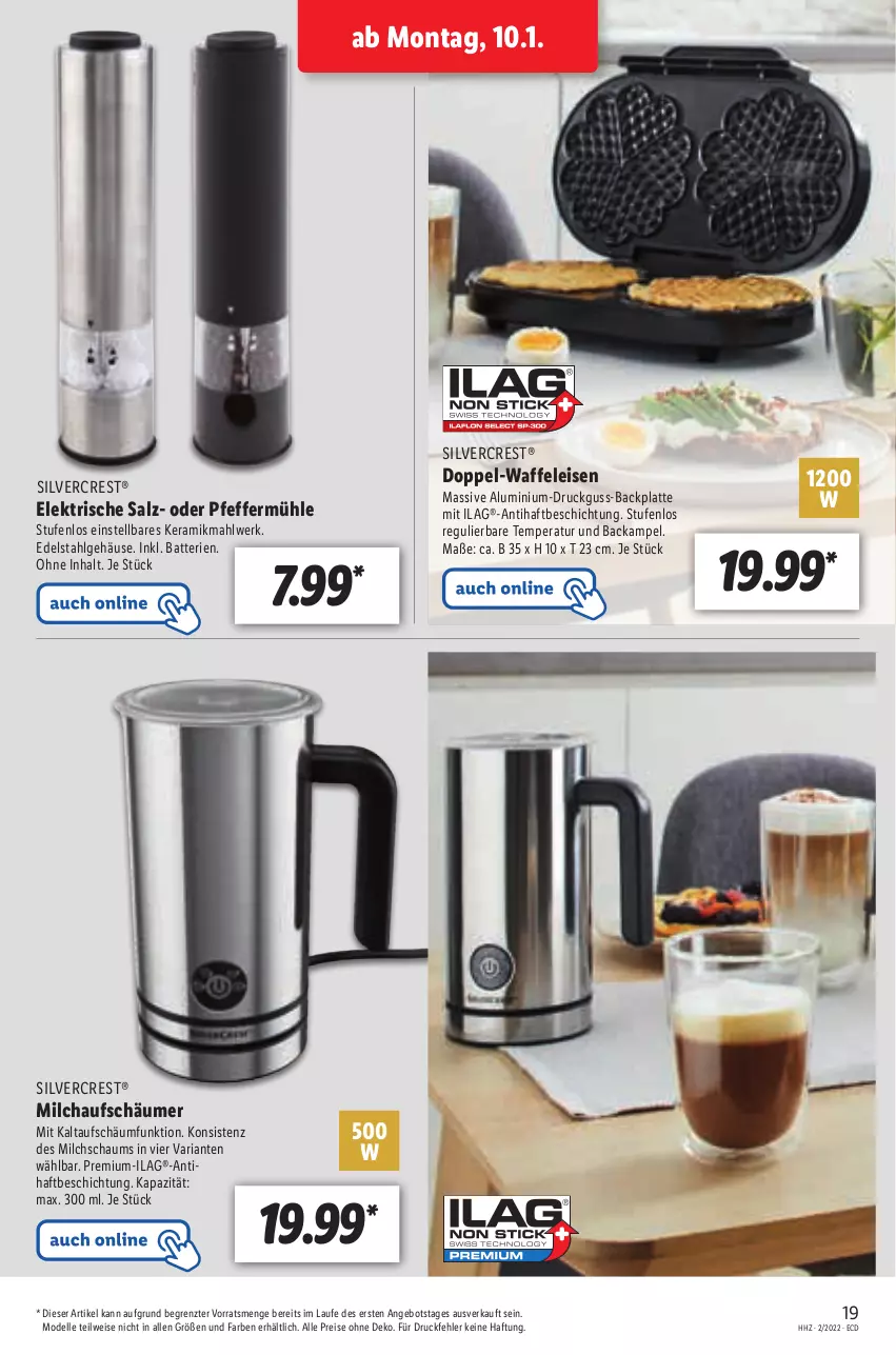 Aktueller Prospekt Lidl - Aktionsprospekt - von 10.01 bis 15.01.2022 - strona 19 - produkty: angebot, batterie, batterien, dell, edelstahl, eis, elle, ilag, latte, LG, milch, milchaufschäumer, Mode, pfeffer, Pfeffermühle, reis, Ria, salz, silvercrest, Ti, Waffeleisen, ZTE