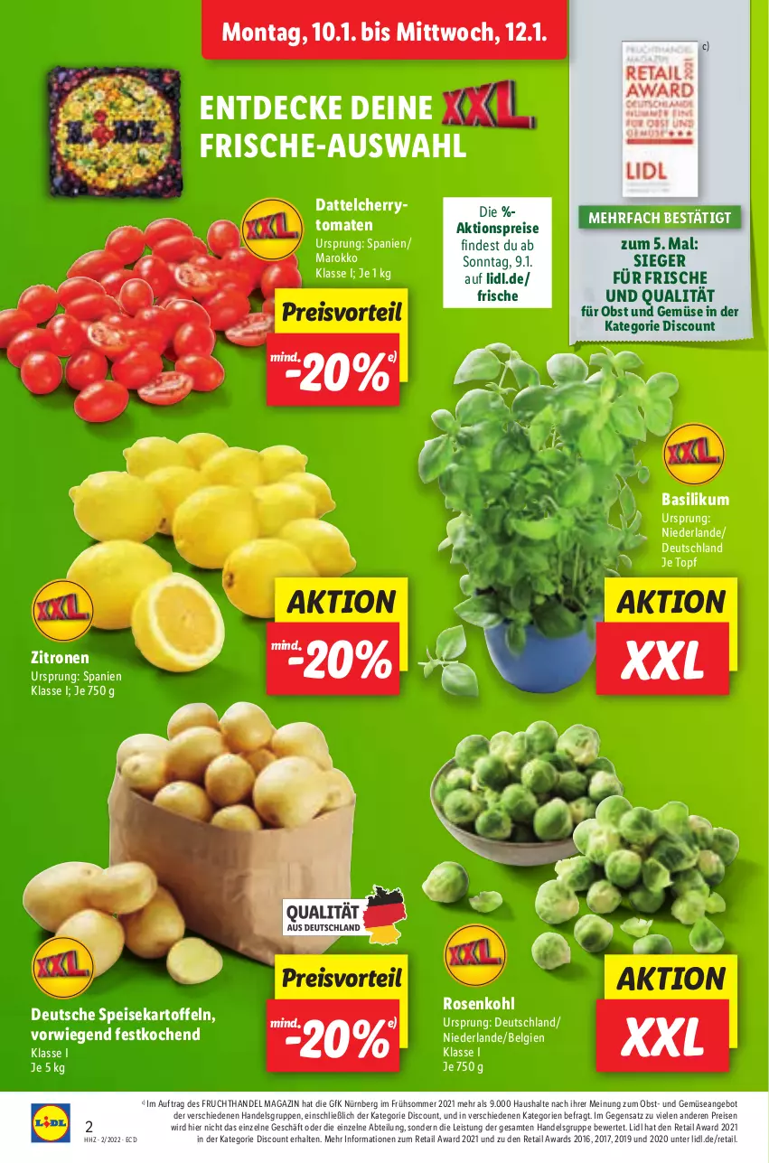 Aktueller Prospekt Lidl - Aktionsprospekt - von 10.01 bis 15.01.2022 - strona 2 - produkty: Abtei, aktionspreis, angebot, basilikum, decke, discount, eis, frucht, kartoffel, kartoffeln, LG, magazin, obst, Obst und Gemüse, preisvorteil, reis, rosen, Rosenkohl, speisekartoffeln, Ti, tomate, tomaten, topf, und gemüse, zitrone, zitronen