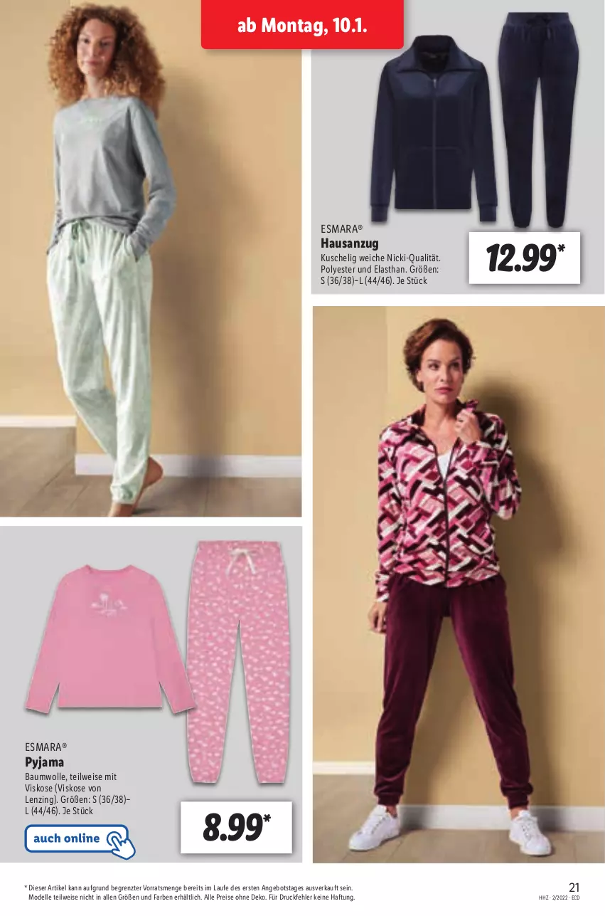 Aktueller Prospekt Lidl - Aktionsprospekt - von 10.01 bis 15.01.2022 - strona 21 - produkty: angebot, Anzug, Bau, baumwolle, dell, eis, elle, esmara, lenzing, Mode, Pyjama, reis, Ti, wolle, ZTE