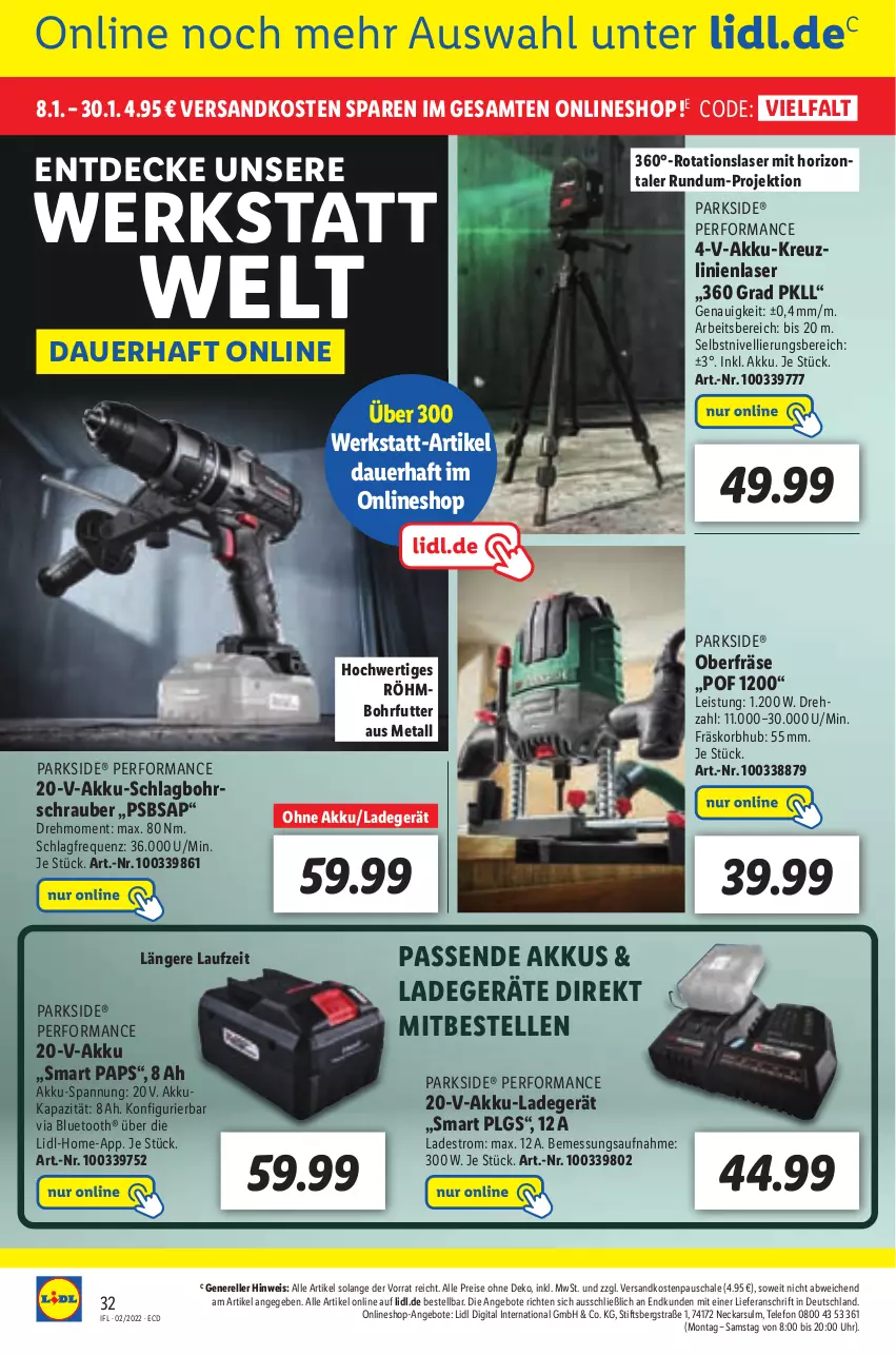 Aktueller Prospekt Lidl - Aktionsprospekt - von 10.01 bis 15.01.2022 - strona 32 - produkty: akku, Akku-Schlagbohrschrauber, angebot, angebote, auer, Bohrschrauber, decke, eis, elle, korb, ladegerät, LG, ndk, Oberfräse, Parkside, reis, rel, Schal, Schale, telefon, Ti, uhr