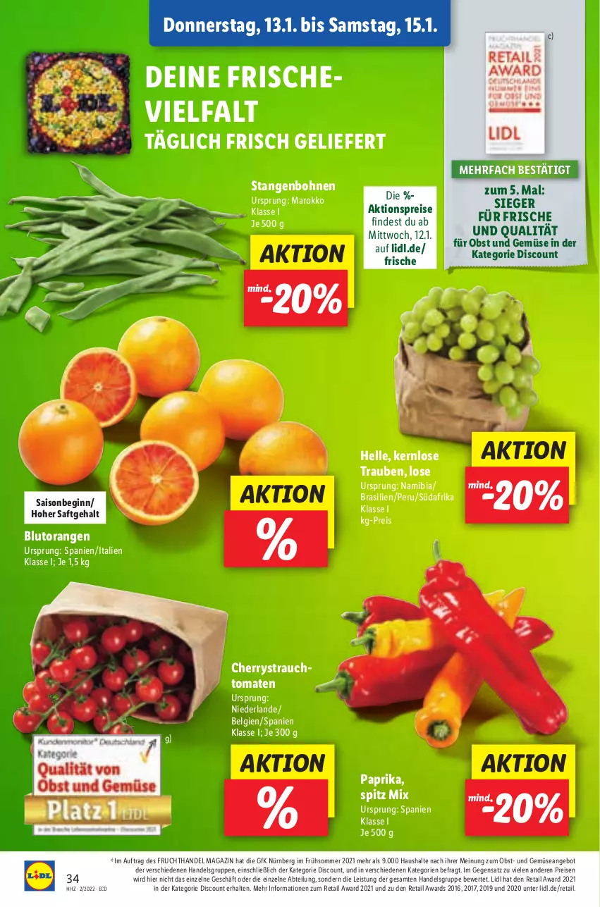 Aktueller Prospekt Lidl - Aktionsprospekt - von 10.01 bis 15.01.2022 - strona 38 - produkty: Abtei, aktionspreis, angebot, Blutorange, bohne, bohnen, discount, eis, elle, frucht, gin, LG, magazin, obst, Obst und Gemüse, orange, orangen, paprika, Rauch, reis, saft, strauchtomaten, Ti, tomate, tomaten, trauben, und gemüse