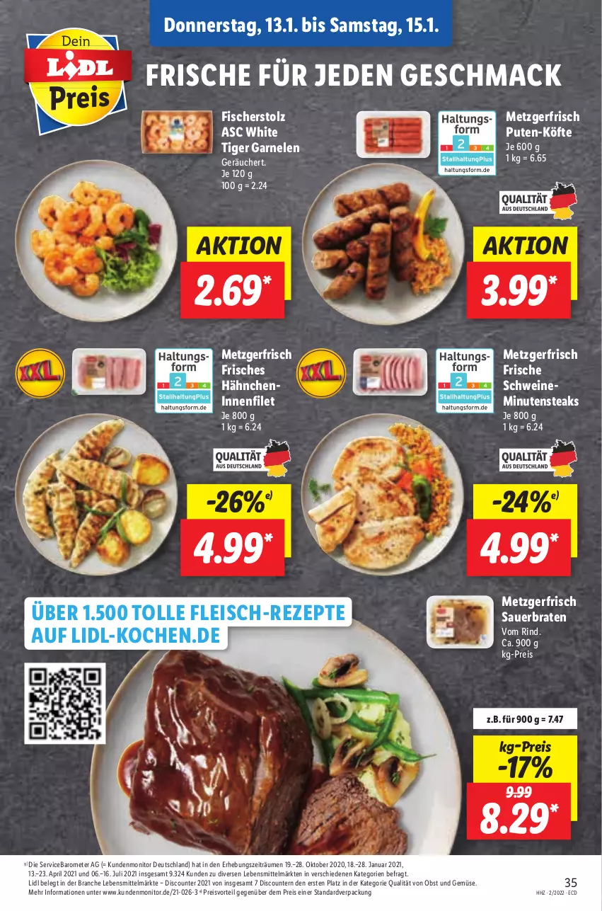 Aktueller Prospekt Lidl - Aktionsprospekt - von 10.01 bis 15.01.2022 - strona 39 - produkty: auer, braten, discount, eis, filet, fisch, fische, Fischer, fleisch, garnelen, lebensmittel, mac, minutensteaks, monitor, obst, Obst und Gemüse, preisvorteil, pril, pute, Puten-Köfte, reis, rezept, rezepte, rind, schwein, schweine, steak, steaks, Ti, und gemüse, wein, weine