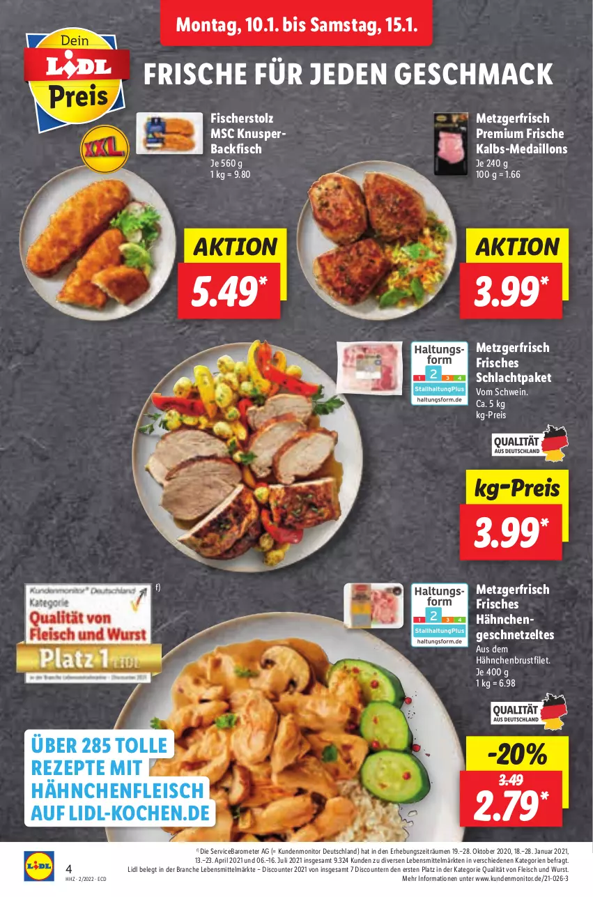 Aktueller Prospekt Lidl - Aktionsprospekt - von 10.01 bis 15.01.2022 - strona 4 - produkty: backfisch, brustfilet, discount, eis, filet, fisch, fische, Fischer, fleisch, geschnetzeltes, hähnchenbrust, hähnchenbrustfilet, Hähnchenfleisch, Hähnchengeschnetzeltes, lebensmittel, mac, medaillons, monitor, pril, reis, rezept, rezepte, schwein, Ti, wein, wurst, Zelt