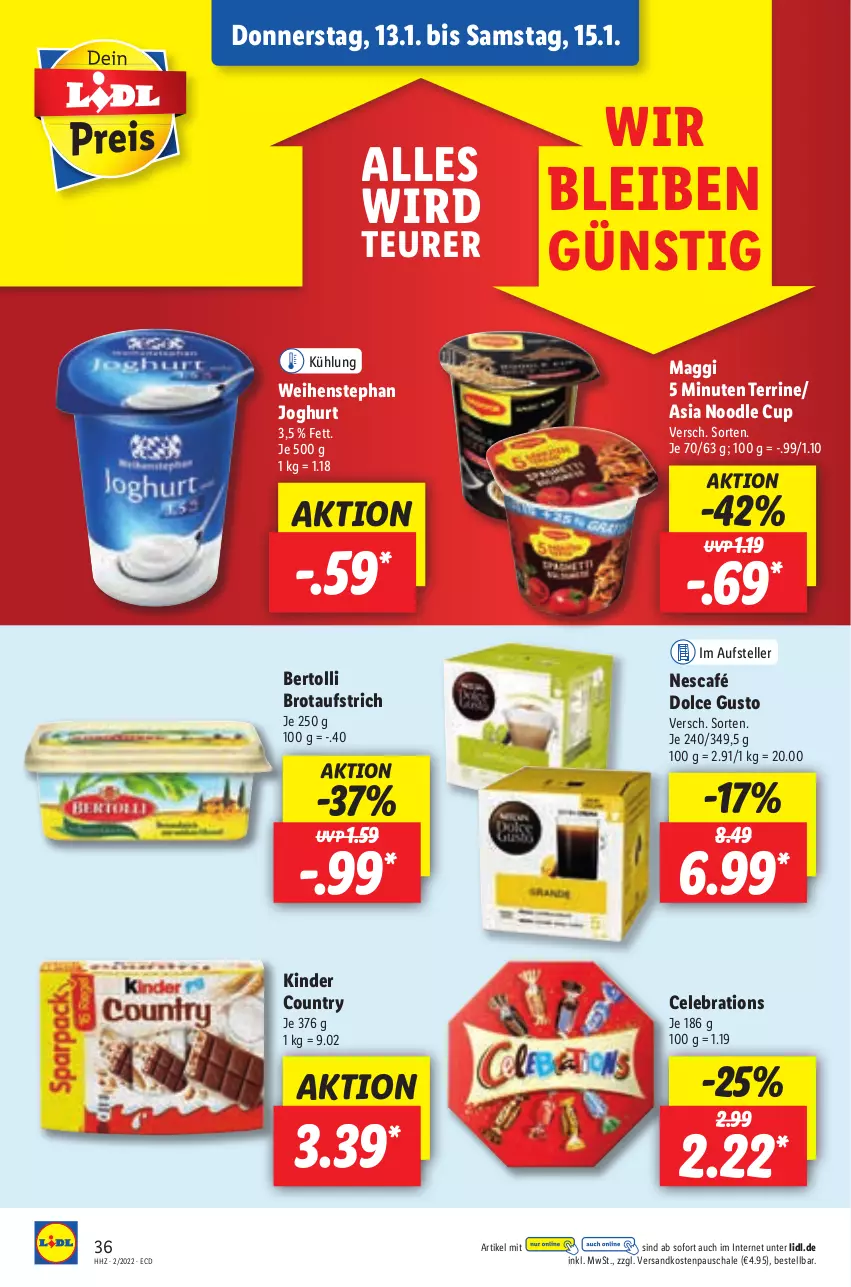 Aktueller Prospekt Lidl - Aktionsprospekt - von 10.01 bis 15.01.2022 - strona 40 - produkty: aufstrich, bertolli, brot, brotaufstrich, dolce gusto, elle, joghur, joghurt, Kinder, kinder country, maggi, ndk, Nescafé, Schal, Schale, teller, terrine, Ti, weihenstephan