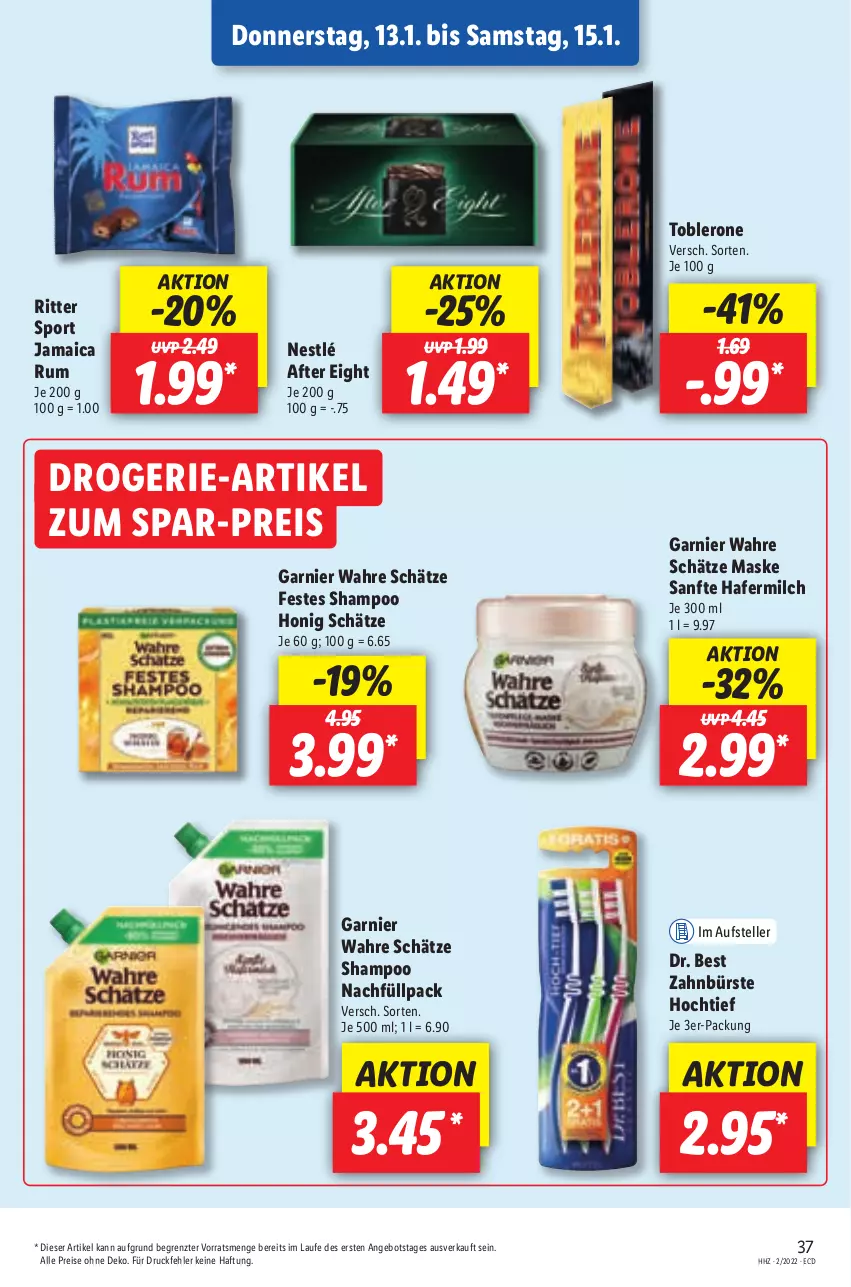 Aktueller Prospekt Lidl - Aktionsprospekt - von 10.01 bis 15.01.2022 - strona 41 - produkty: after eight, angebot, bürste, Dr. Best, drogerie-artikel, eis, elle, garnier, hafer, honig, Maske, milch, nestlé, reis, ritter, ritter sport, rum, shampoo, Sport, teller, Ti, toblerone, Wahre Schätze, zahnbürste, ZTE