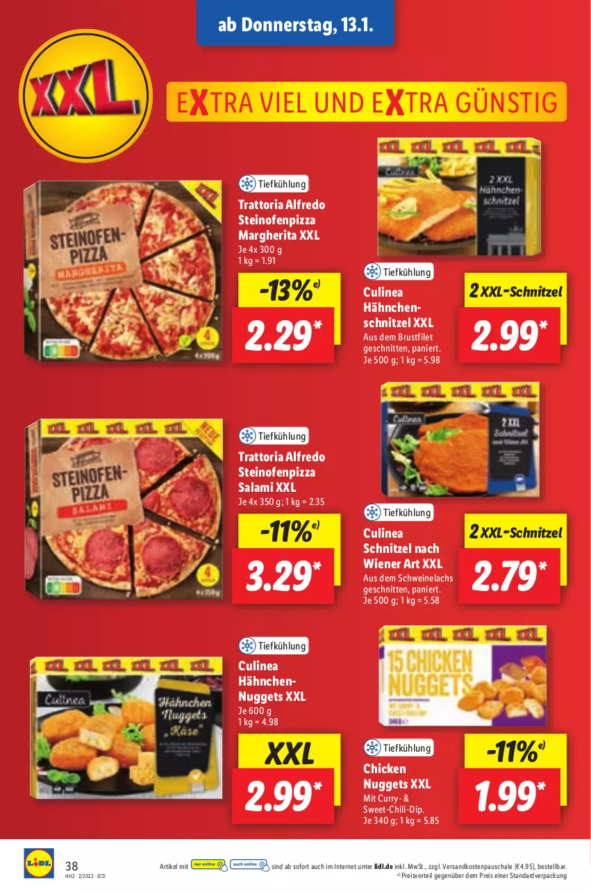 Aktueller Prospekt Lidl - Aktionsprospekt - von 10.01 bis 15.01.2022 - strona 42 - produkty: brustfilet, chicken nuggets, chili, curry, dip, eis, filet, lachs, margherita, ndk, nuggets, Ofen, pizza, preisvorteil, reis, Ria, salami, Schal, Schale, schnitten, schnitzel, schwein, schweine, Schweinelachs, steinofen, Ti, wein, weine, wiener