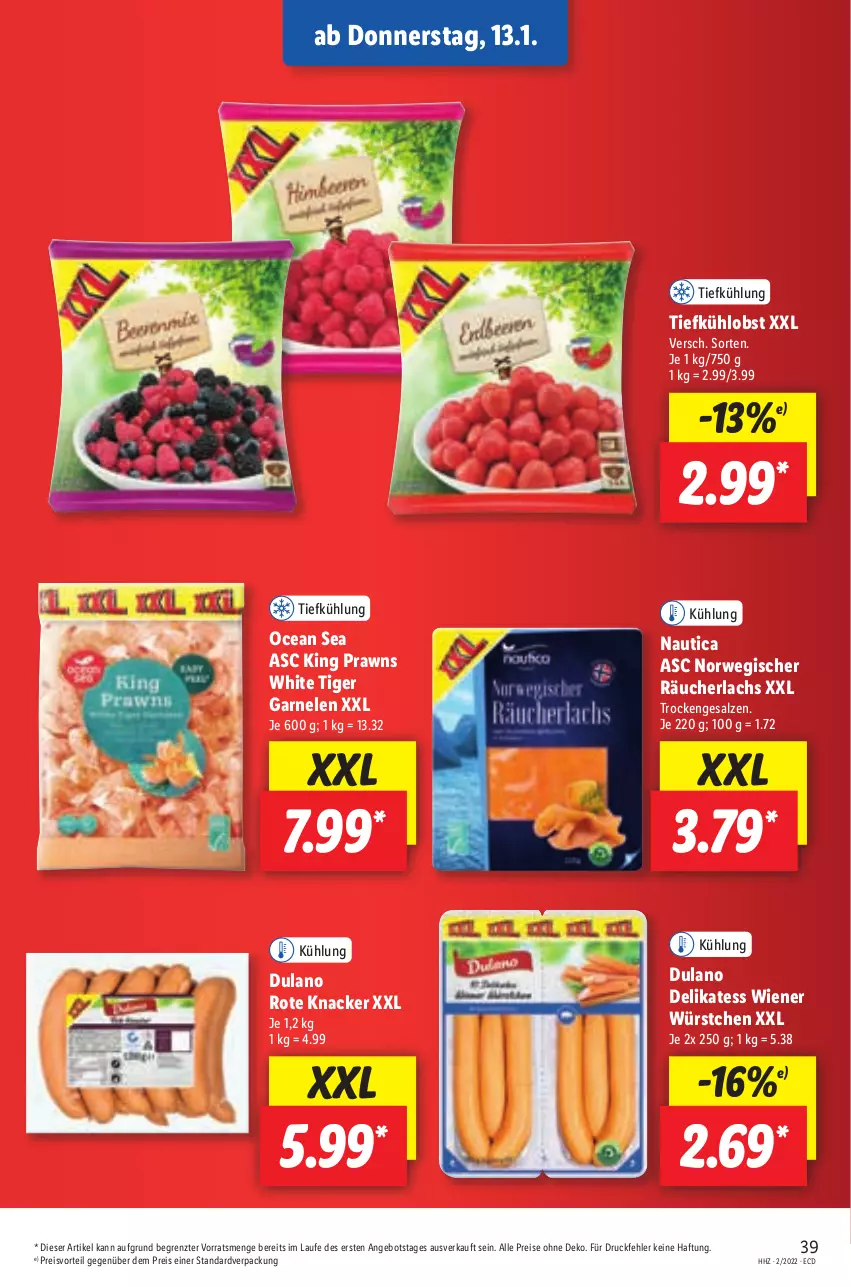 Aktueller Prospekt Lidl - Aktionsprospekt - von 10.01 bis 15.01.2022 - strona 43 - produkty: angebot, dulano, eis, garnelen, knacker, lachs, obst, prawns, preisvorteil, Räucherlachs, reis, rwe, salz, Ti, wiener, wiener würstchen, würstchen, ZTE