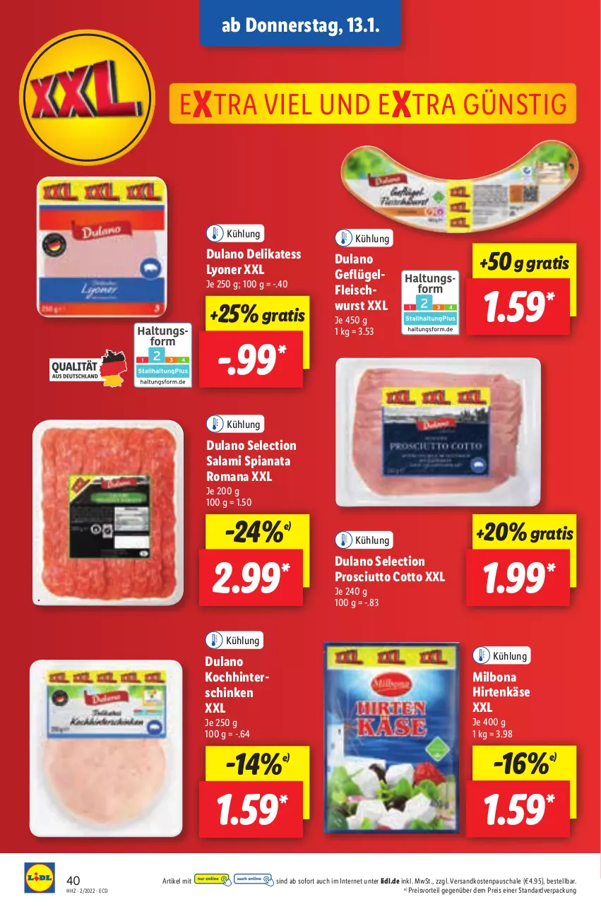 Aktueller Prospekt Lidl - Aktionsprospekt - von 10.01 bis 15.01.2022 - strona 44 - produkty: Bona, dulano, eis, fleisch, fleischwurst, Geflügel, hinterschinken, hirtenkäse, Käse, lyoner, Milbona, ndk, preisvorteil, prosciutto, prosciutto cotto, reis, salami, Schal, Schale, schinken, Ti, wurst, Yo